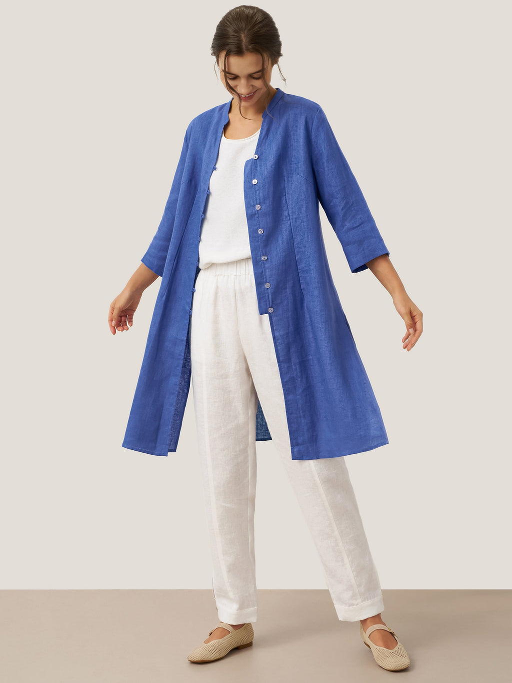 LINTICO 100% Linen Hand Button Long Top DILLON — fabric or material detail