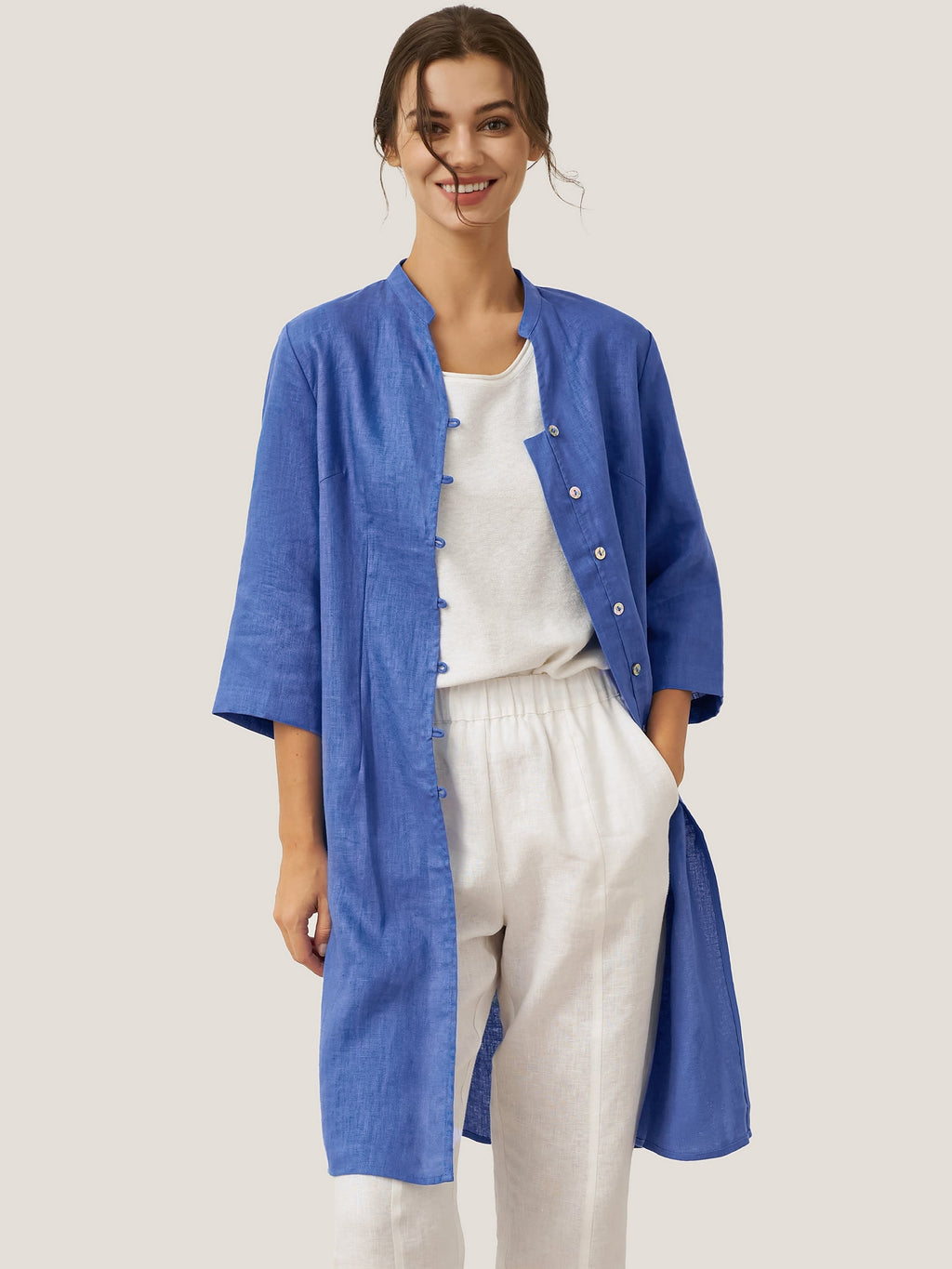 LINTICO 100% Linen Hand Button Long Top DILLON — color detail