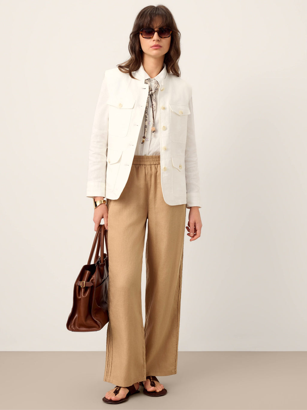 LINTICO 100% Linen Hemstitch Wide Leg Trousers LEONTINE — detail shot 9