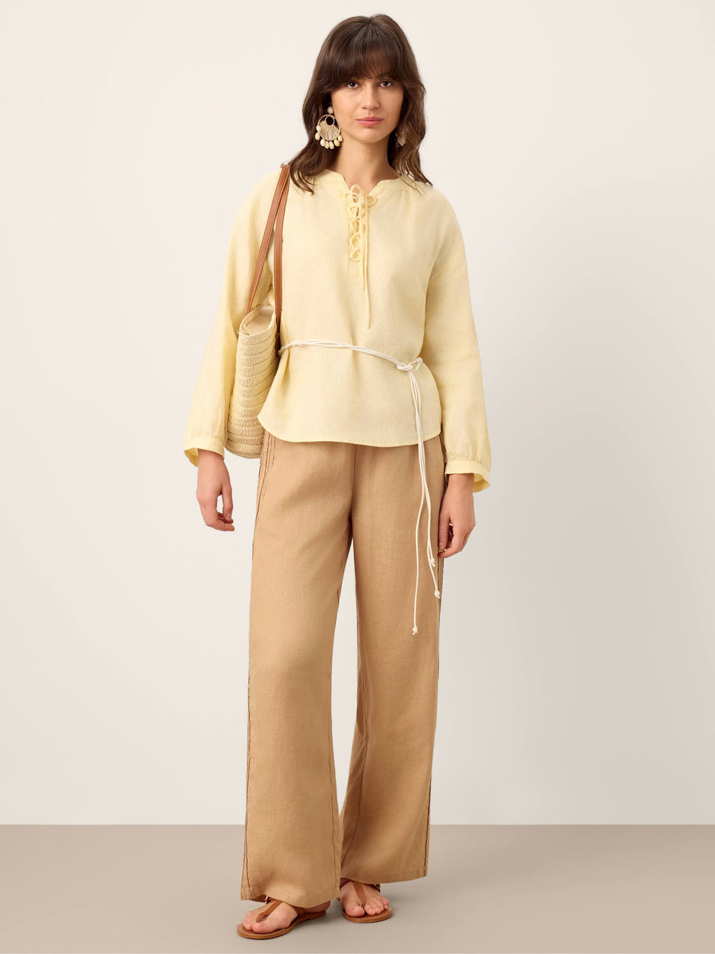 LINTICO 100% Linen Hemstitch Wide Leg Trousers LEONTINE — detail shot 8