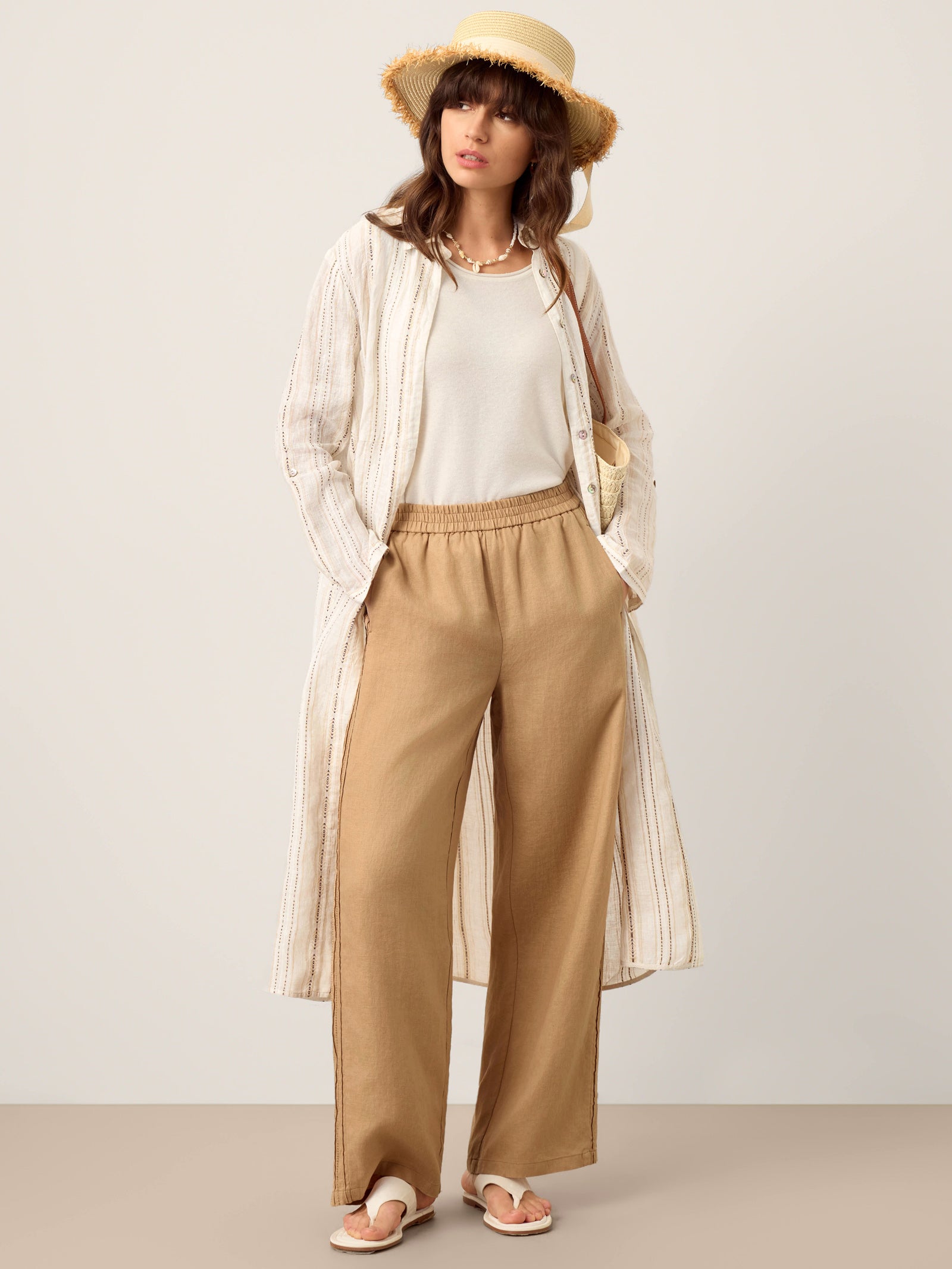 LINTICO 100% Linen Hemstitch Wide Leg Trousers LEONTINE — detail shot 10