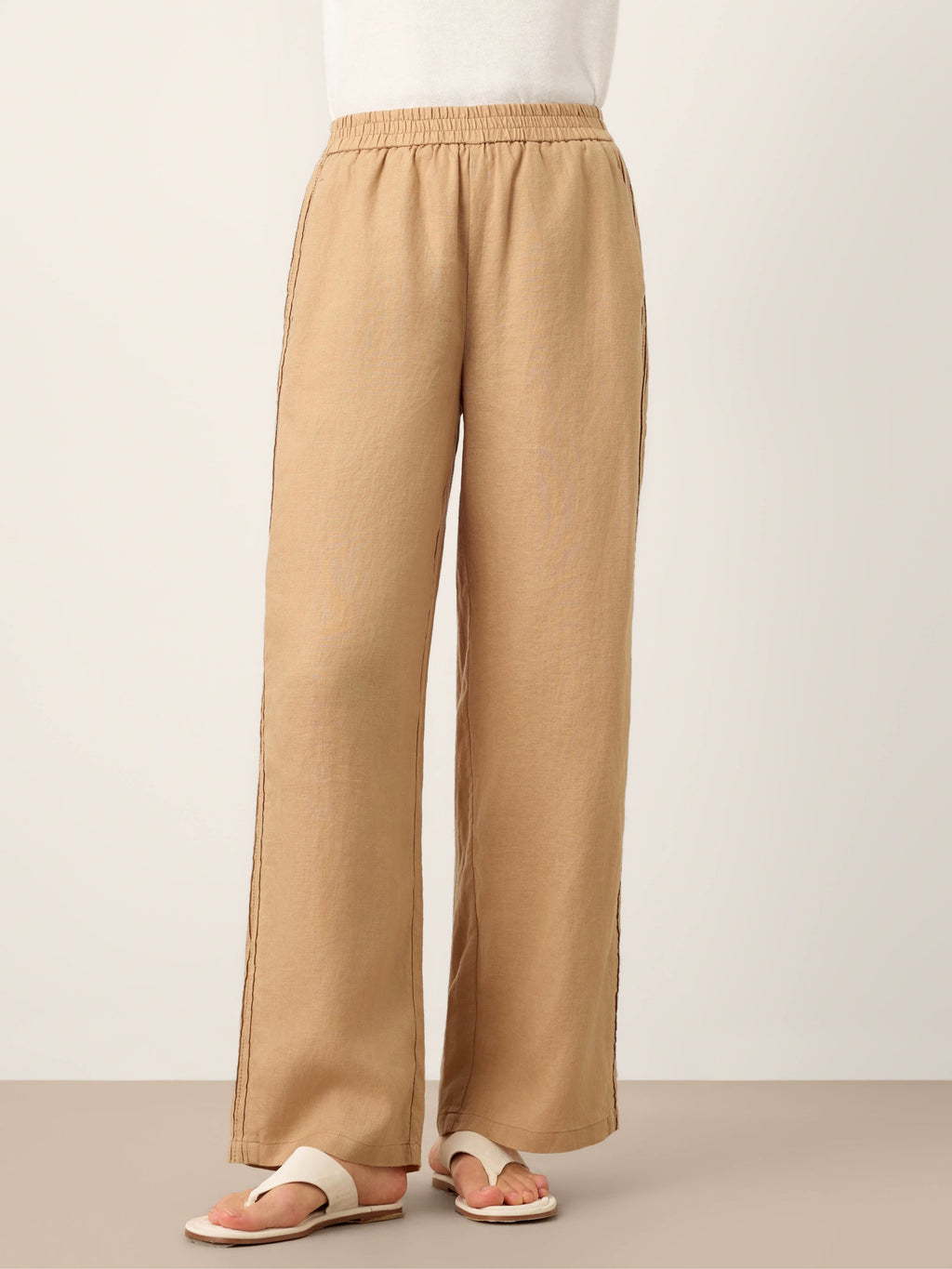 LINTICO 100% Linen Hemstitch Wide Leg Trousers LEONTINE — LINTICO branding close-up