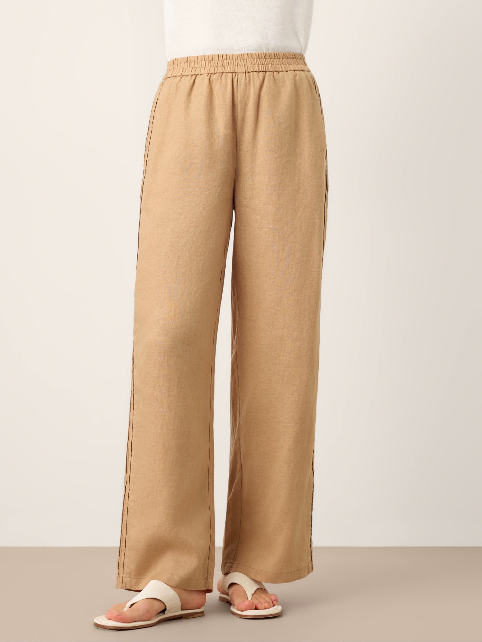 LINTICO 100% Linen Hemstitch Wide Leg Trousers LEONTINE — LINTICO branding close-up