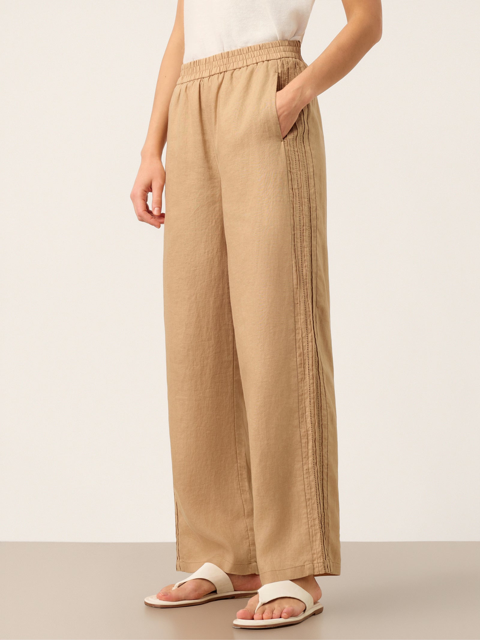 LINTICO 100% Linen Hemstitch Wide Leg Trousers LEONTINE — main product shot