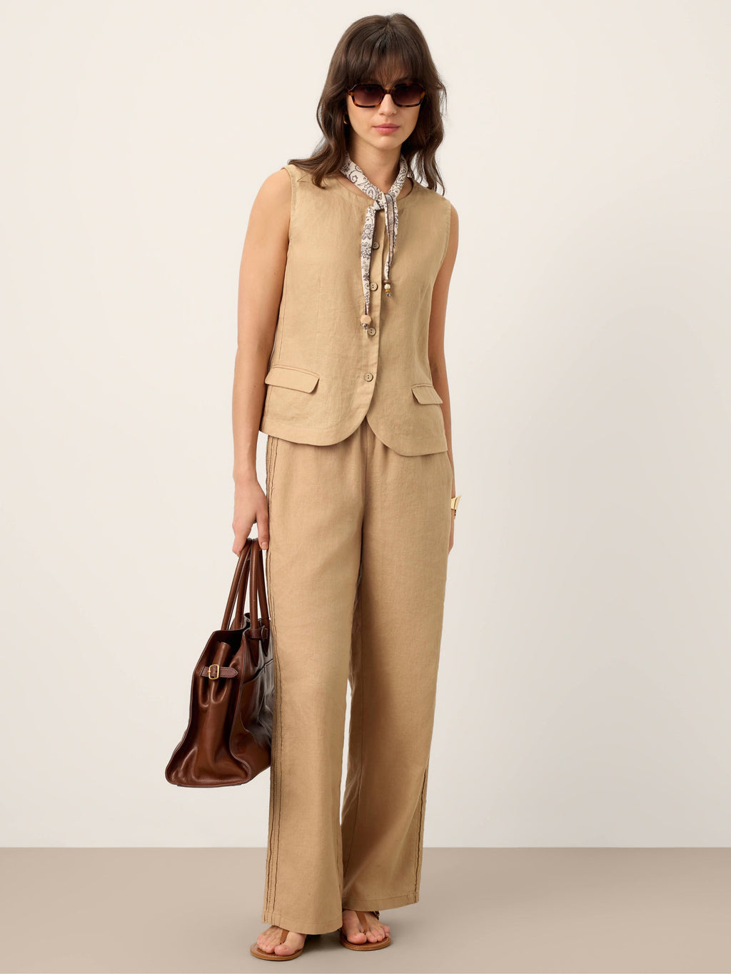LINTICO 100% Linen Hemstitch Wide Leg Trousers LEONTINE — detail shot 7