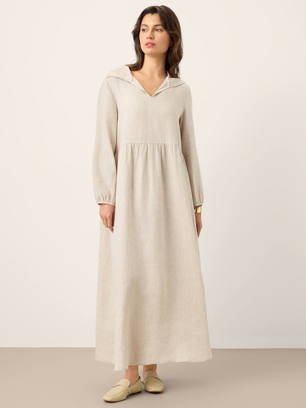 LINTICO 100% Linen Sculpted-Hood Caftan Maxi Dress LINETTE — lifestyle worn / used context
