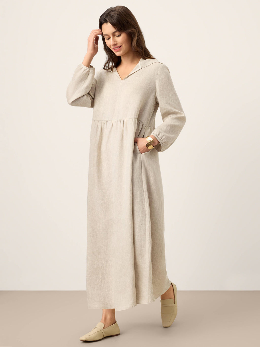 LINTICO 100% Linen Sculpted-Hood Caftan Maxi Dress LINETTE — LINTICO branding close-up
