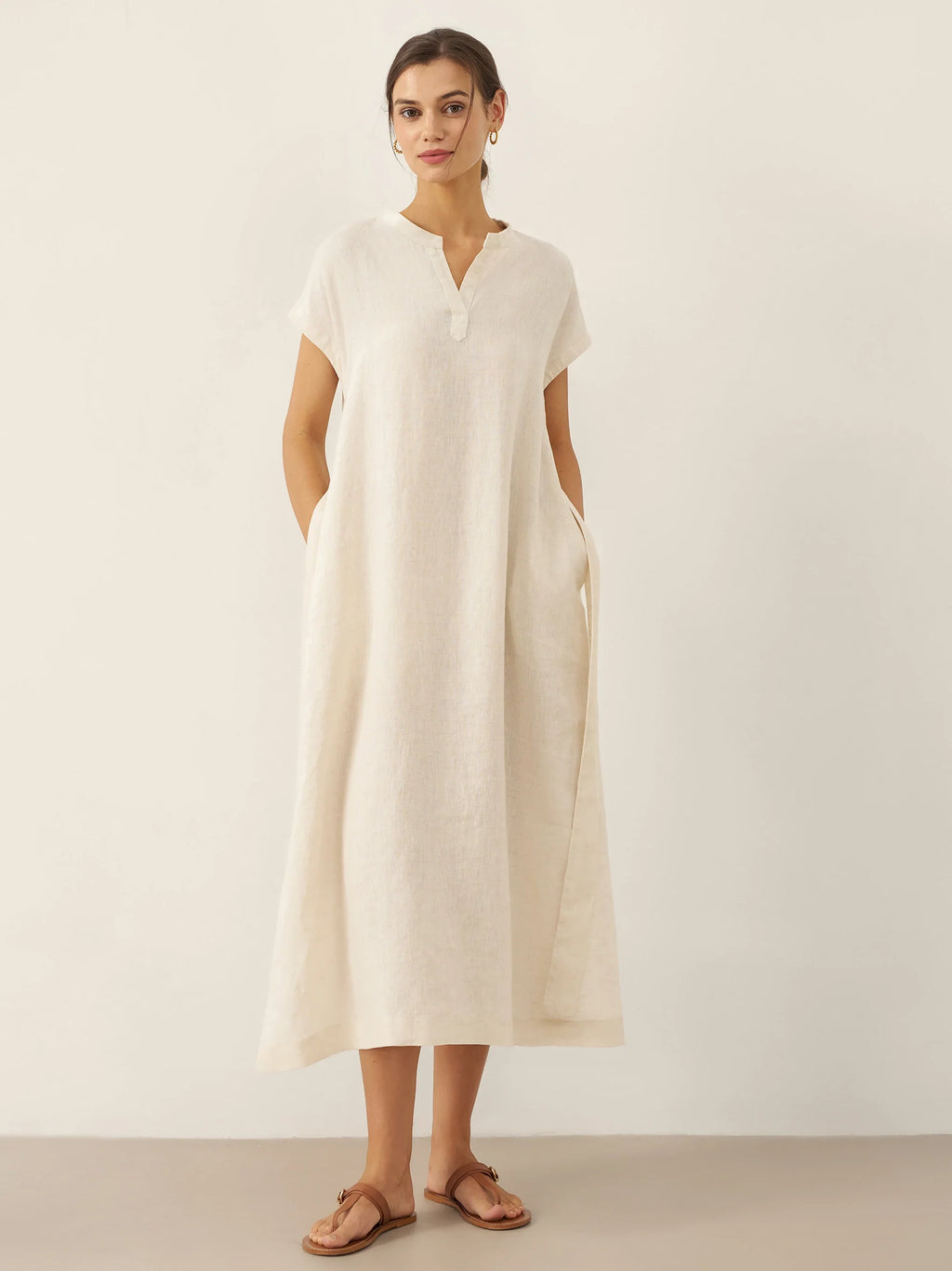 LINTICO 100% Linen Mandarin Collar Maxi Dress with Detachable Belt MARGARET — detail shot 6