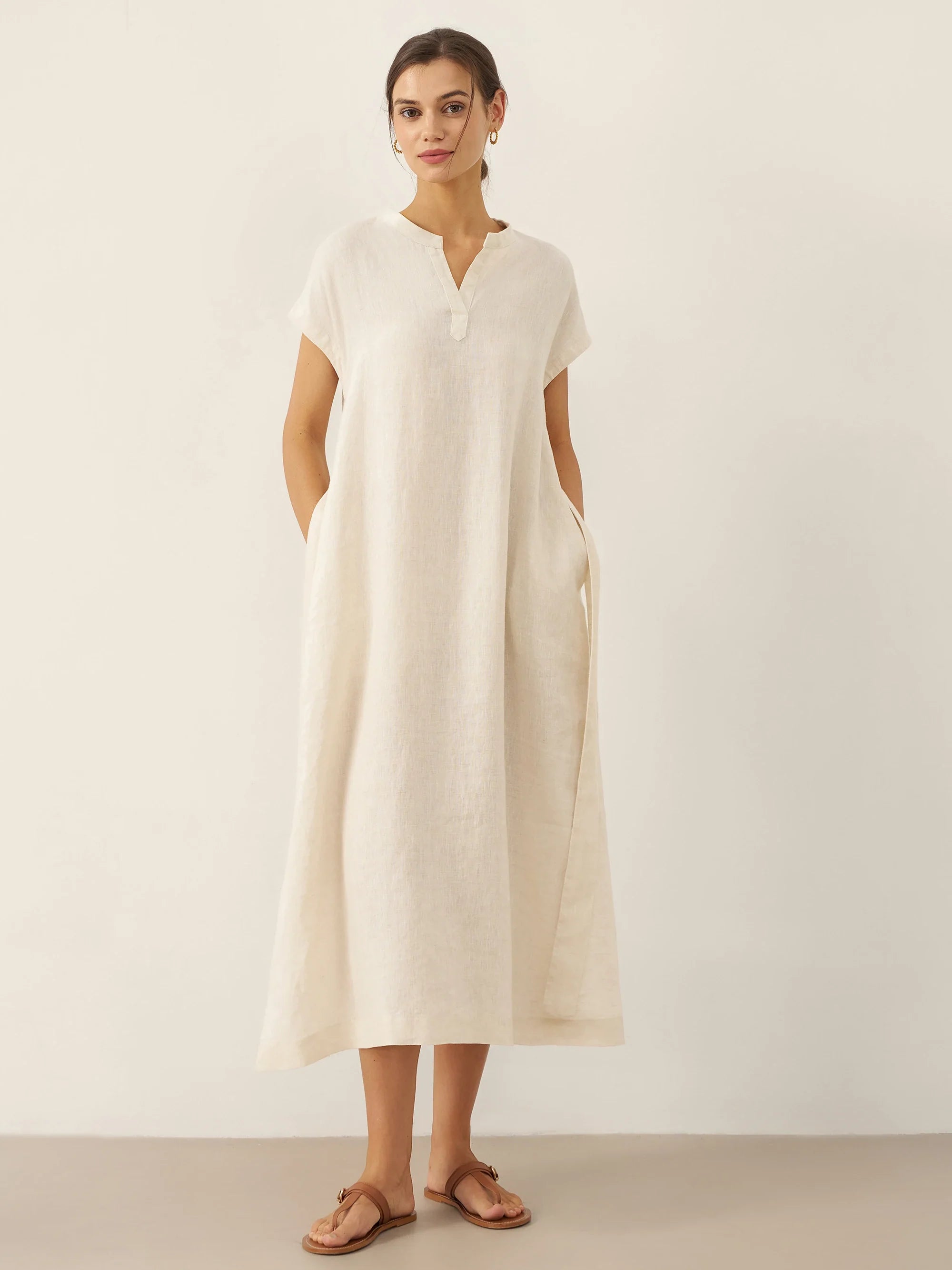 LINTICO 100% Linen Mandarin Collar Maxi Dress with Detachable Belt MARGARET — detail shot 6