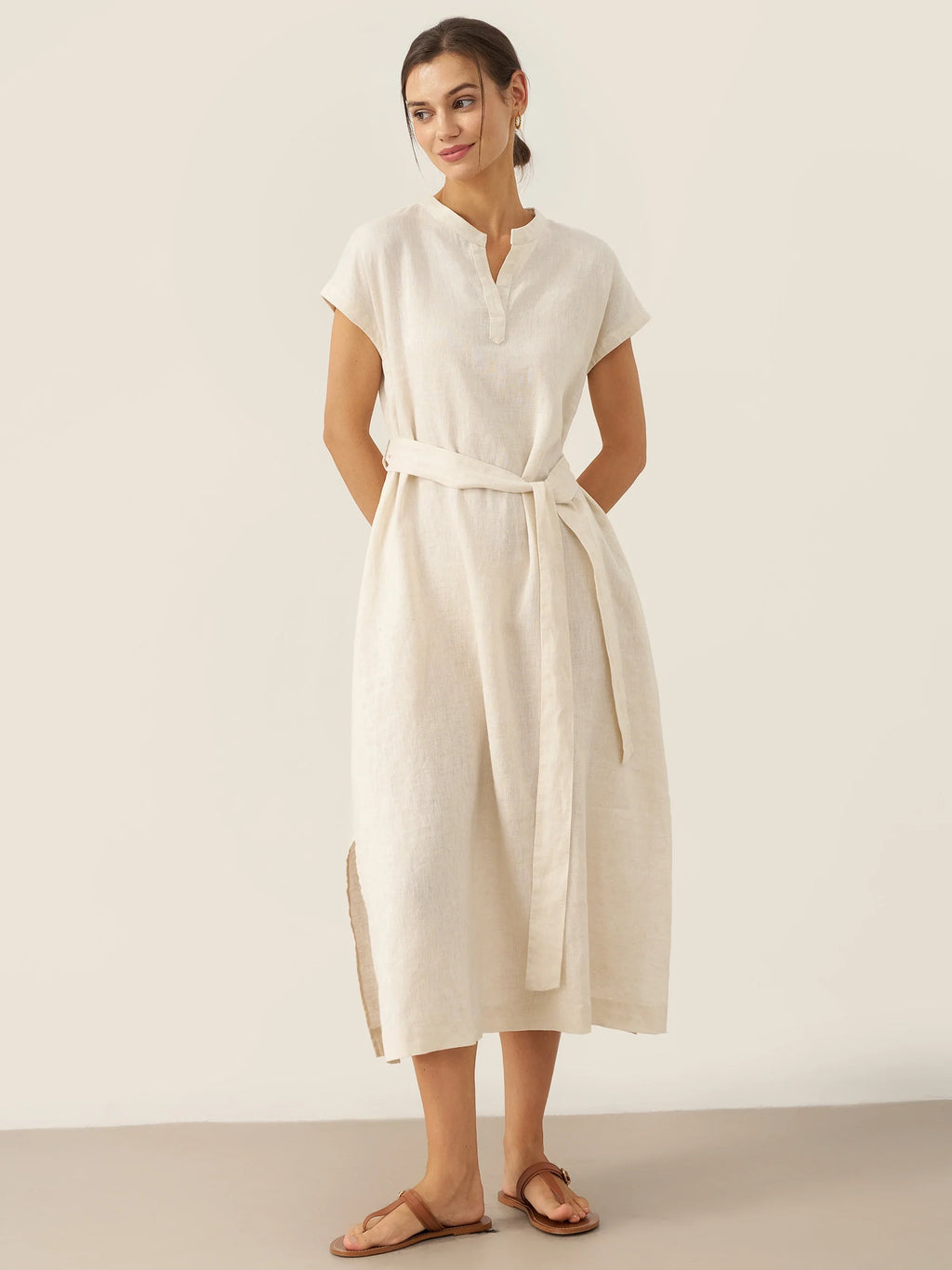 LINTICO 100% Linen Mandarin Collar Maxi Dress with Detachable Belt MARGARET — main product shot