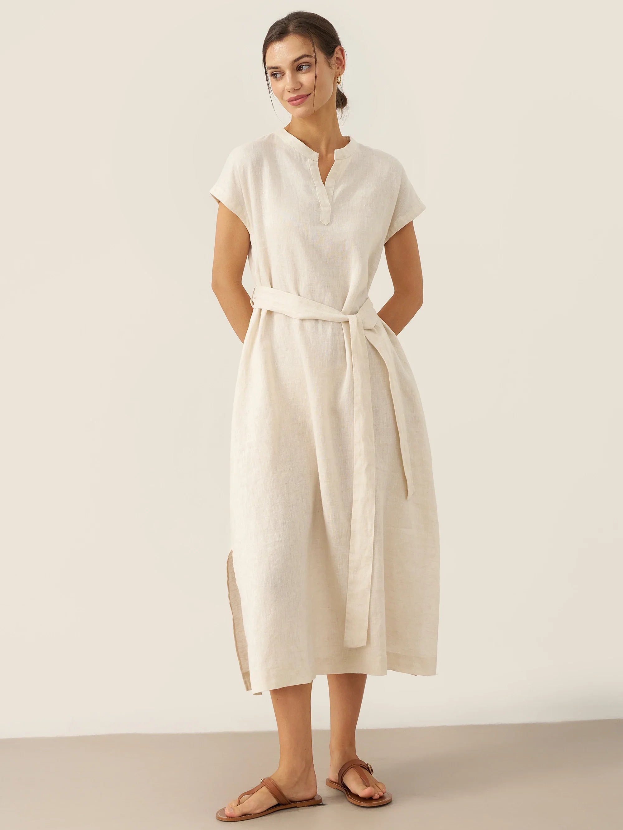 LINTICO 100% Linen Mandarin Collar Maxi Dress with Detachable Belt MARGARET — main product shot