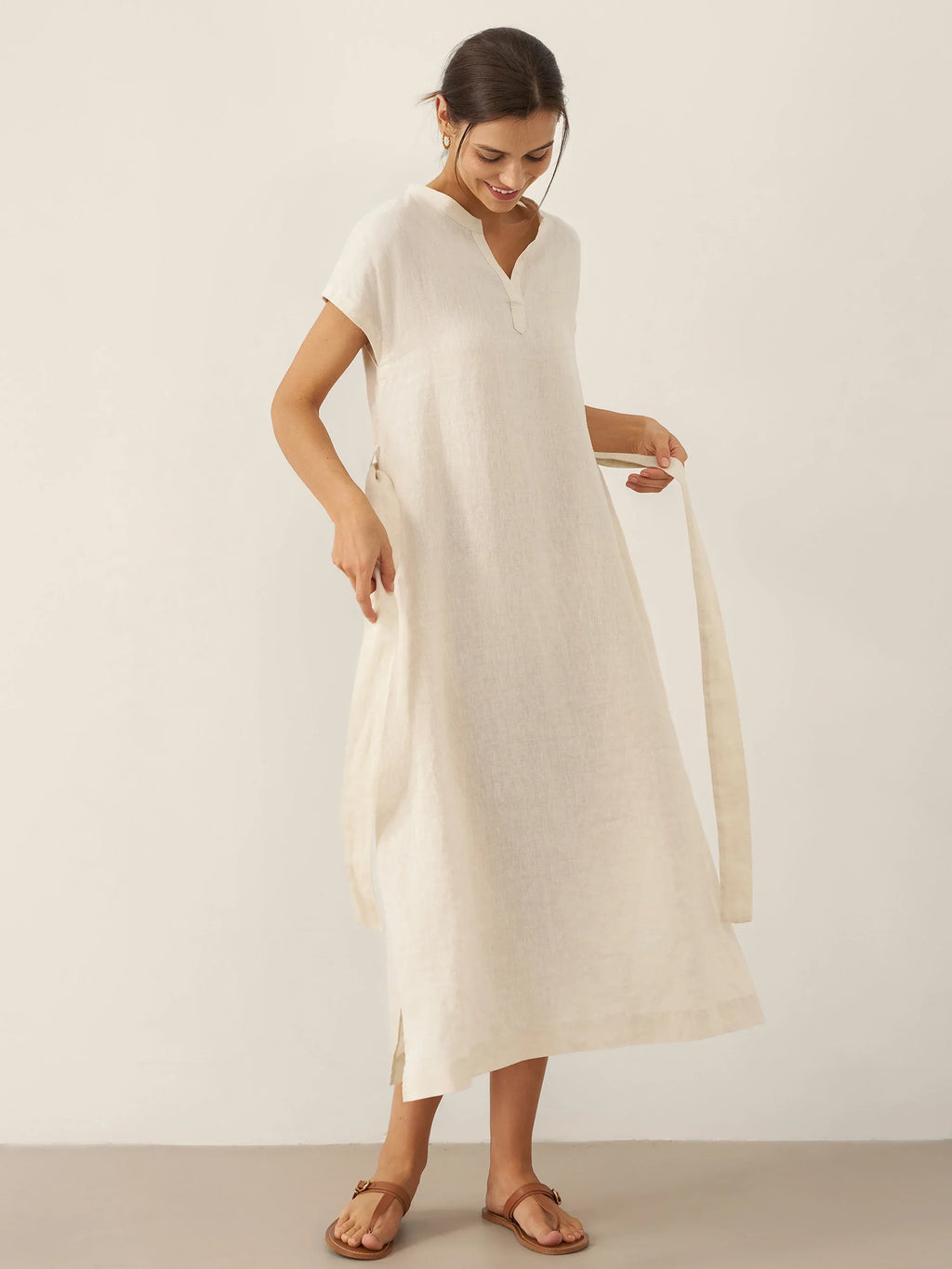 LINTICO 100% Linen Mandarin Collar Maxi Dress with Detachable Belt MARGARET — construction detail