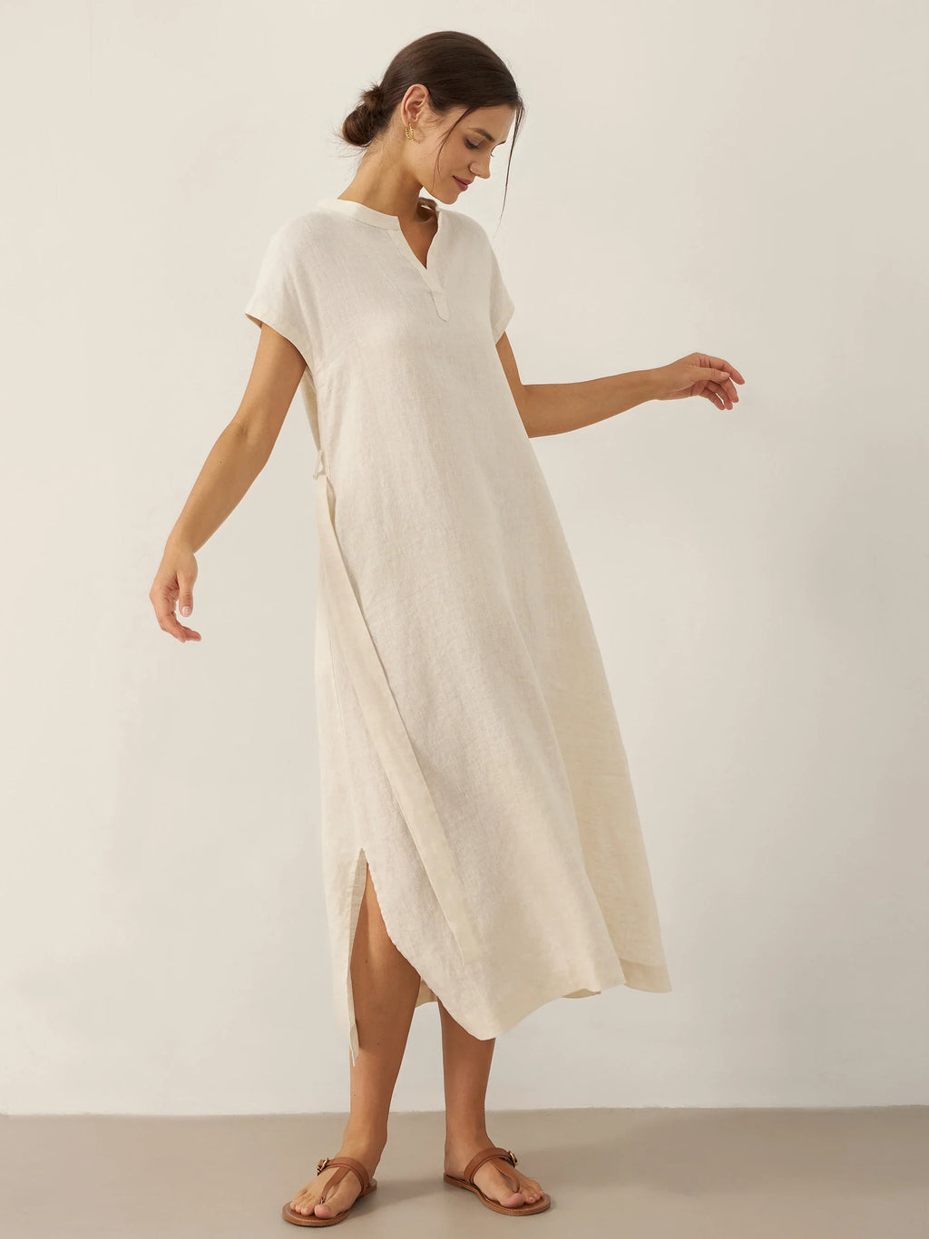 LINTICO 100% Linen Mandarin Collar Maxi Dress with Detachable Belt MARGARET — LINTICO branding close-up