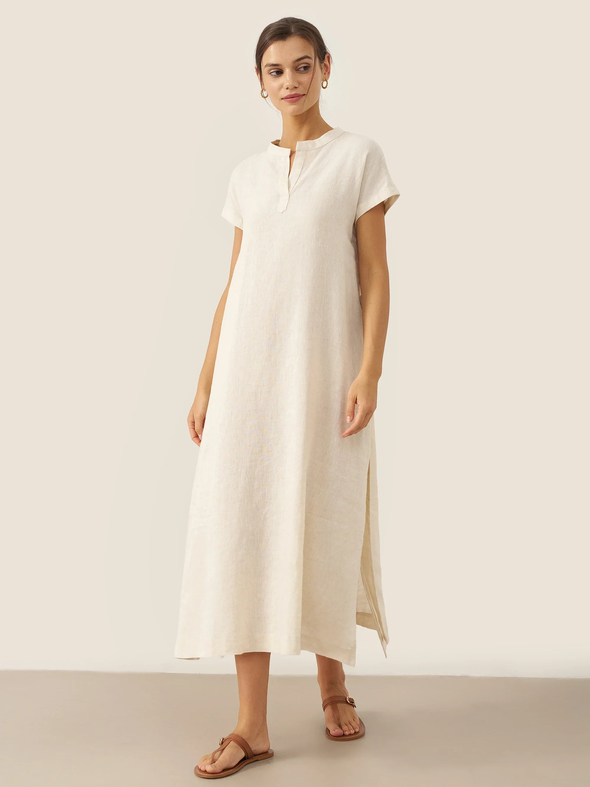 LINTICO 100% Linen Mandarin Collar Maxi Dress with Detachable Belt MARGARET — lifestyle worn / used context