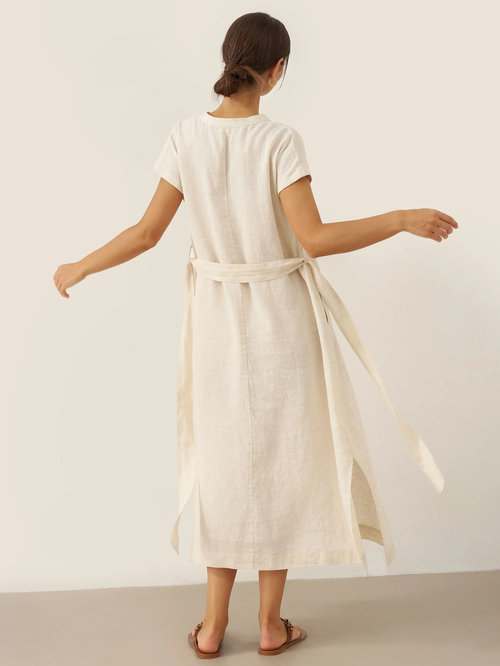 LINTICO 100% Linen Mandarin Collar Maxi Dress with Detachable Belt MARGARET — dresses-maxi dresses-linen category context