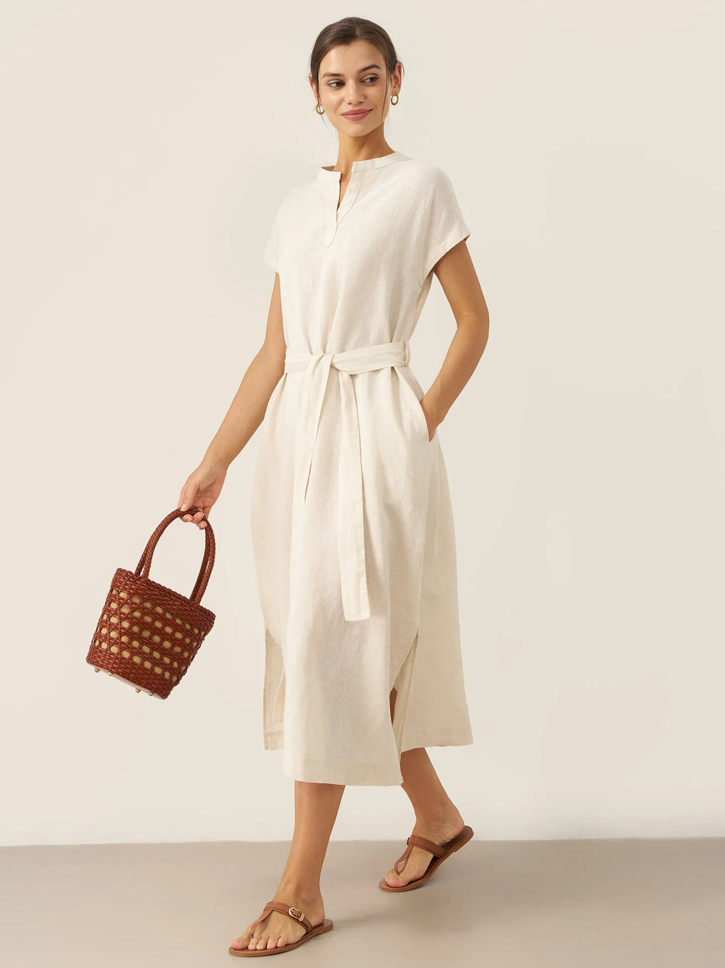 LINTICO 100% Linen Mandarin Collar Maxi Dress with Detachable Belt MARGARET — detail shot 7
