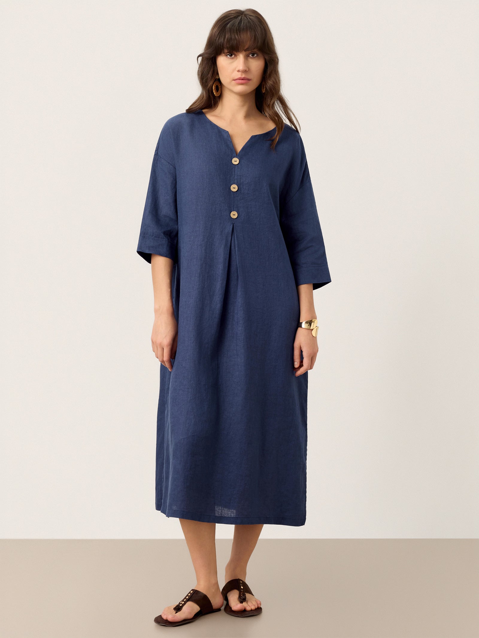 LINTICO 100% Linen Notch Neck Inverted Pleat Maxi Dress MATILDE — main product shot