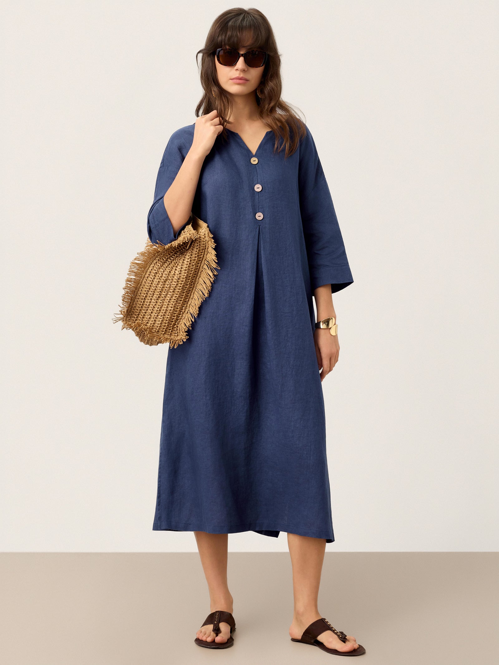 LINTICO 100% Linen Notch Neck Inverted Pleat Maxi Dress MATILDE — detail shot 7