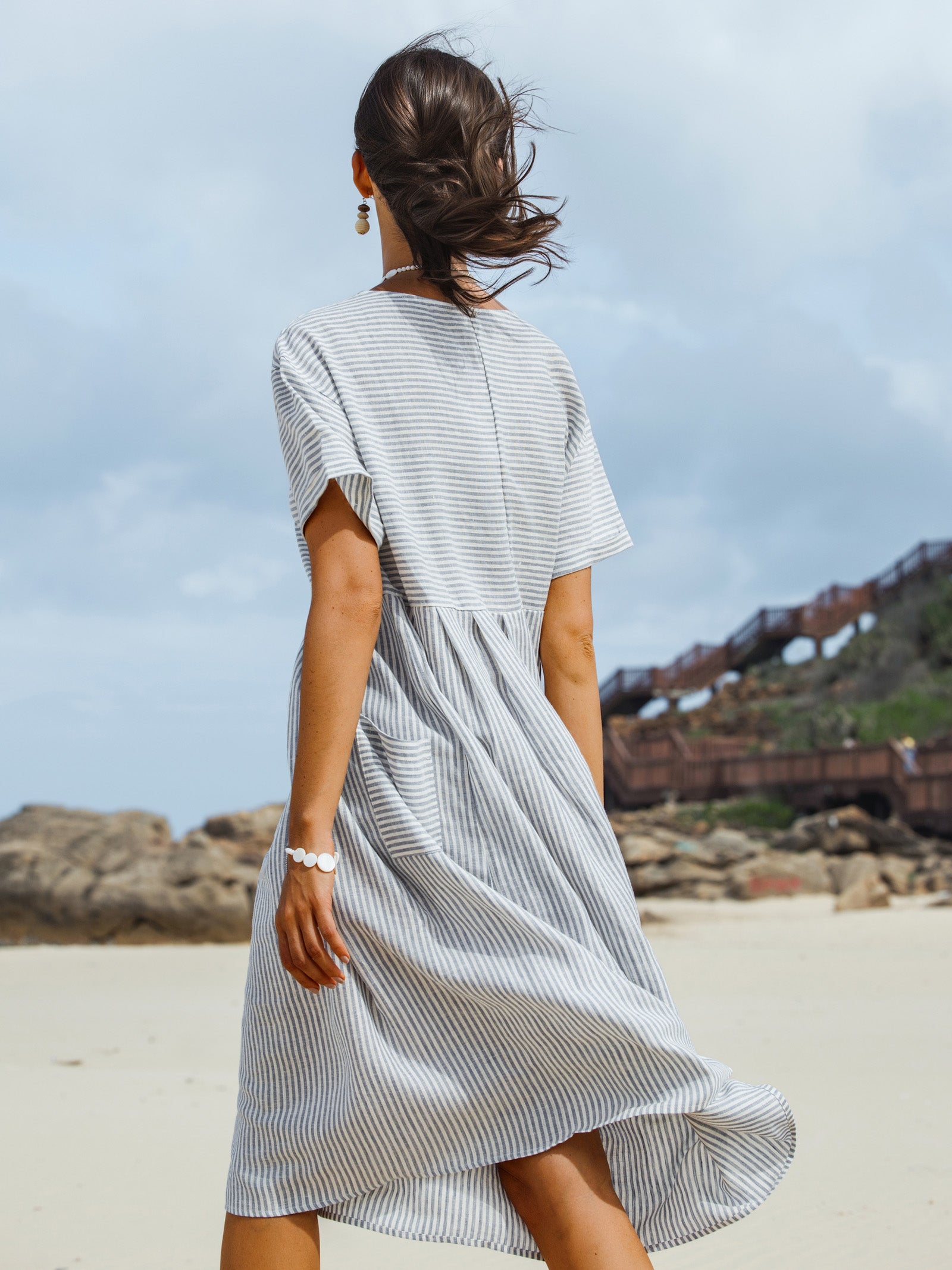 LINTICO 100% Linen Pinstripe Paneled Short-Sleeved Dress MORGAN — LINTICO branding close-up