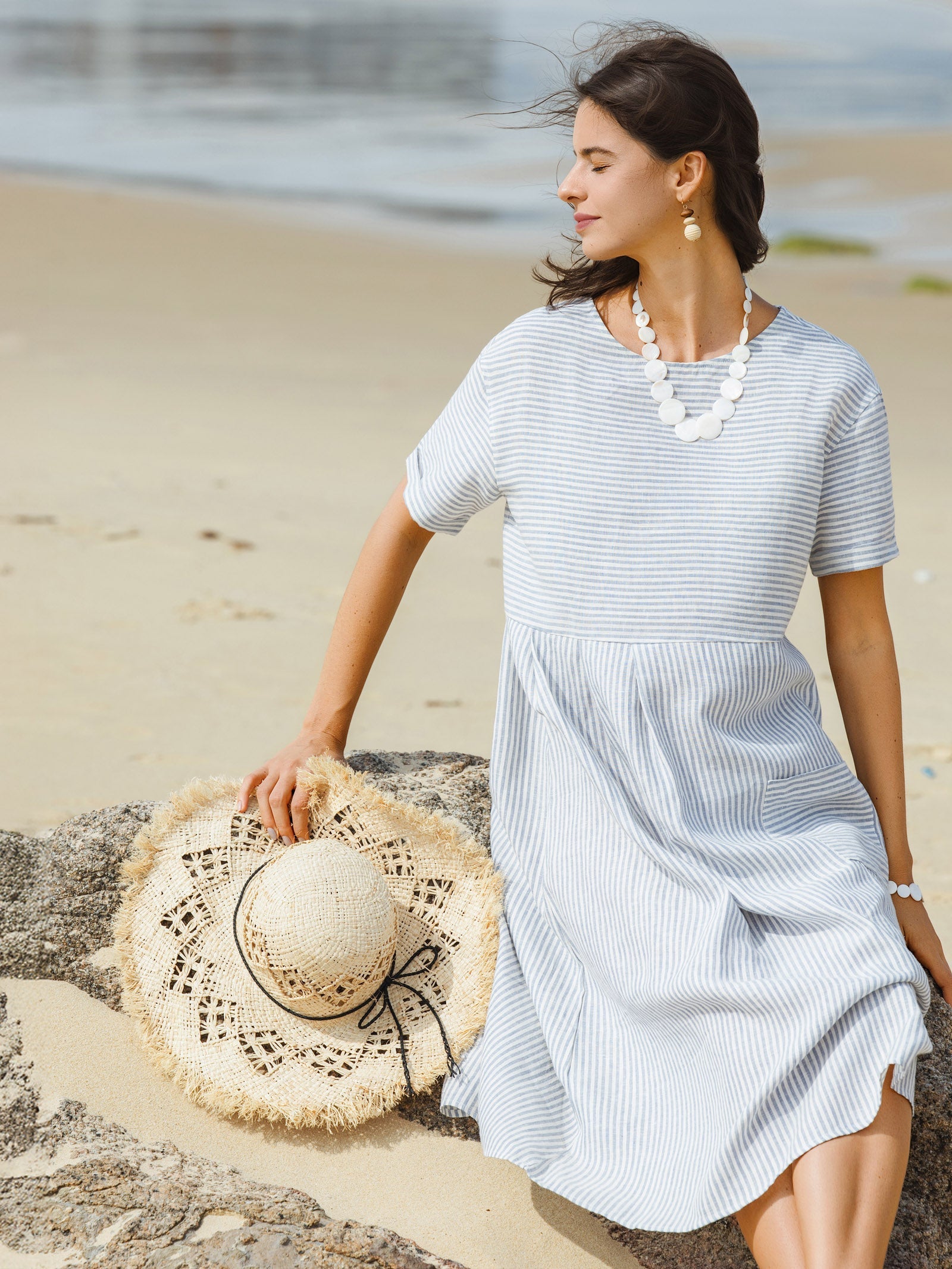 LINTICO 100% Linen Pinstripe Paneled Short-Sleeved Dress MORGAN — dresses-midi dresses-linen category context