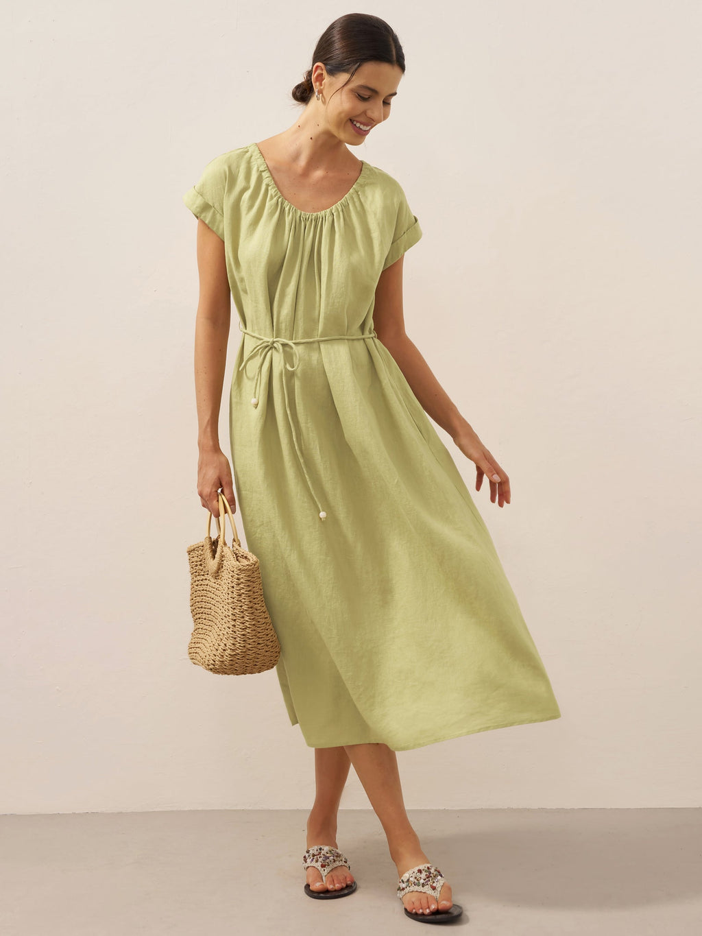 LINTICO 100% Linen Pleated Crew Neck Maxi Dress with Detachable Tie Straps MIRA — detail shot 8