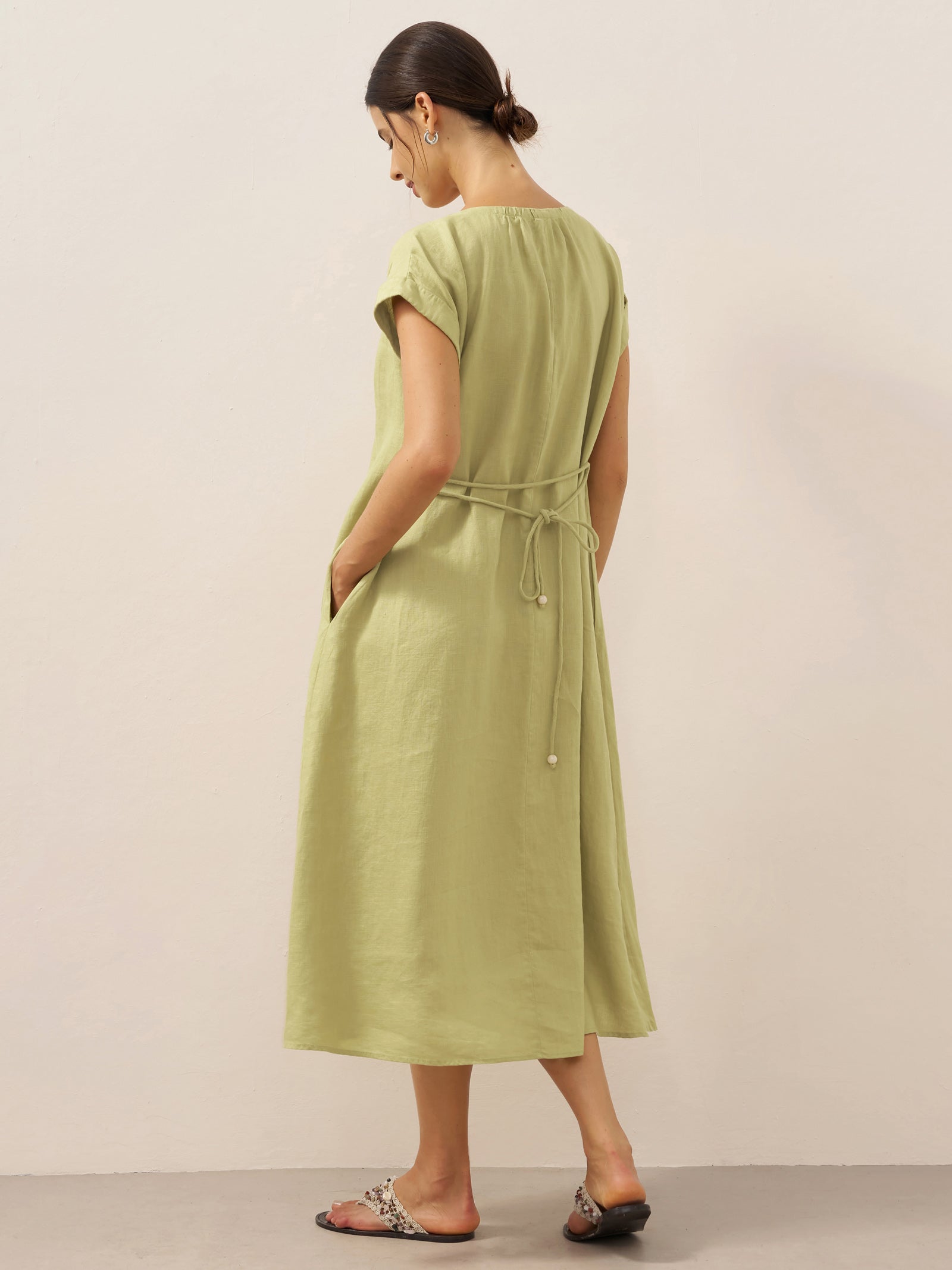 LINTICO 100% Linen Pleated Crew Neck Maxi Dress with Detachable Tie Straps MIRA — construction detail