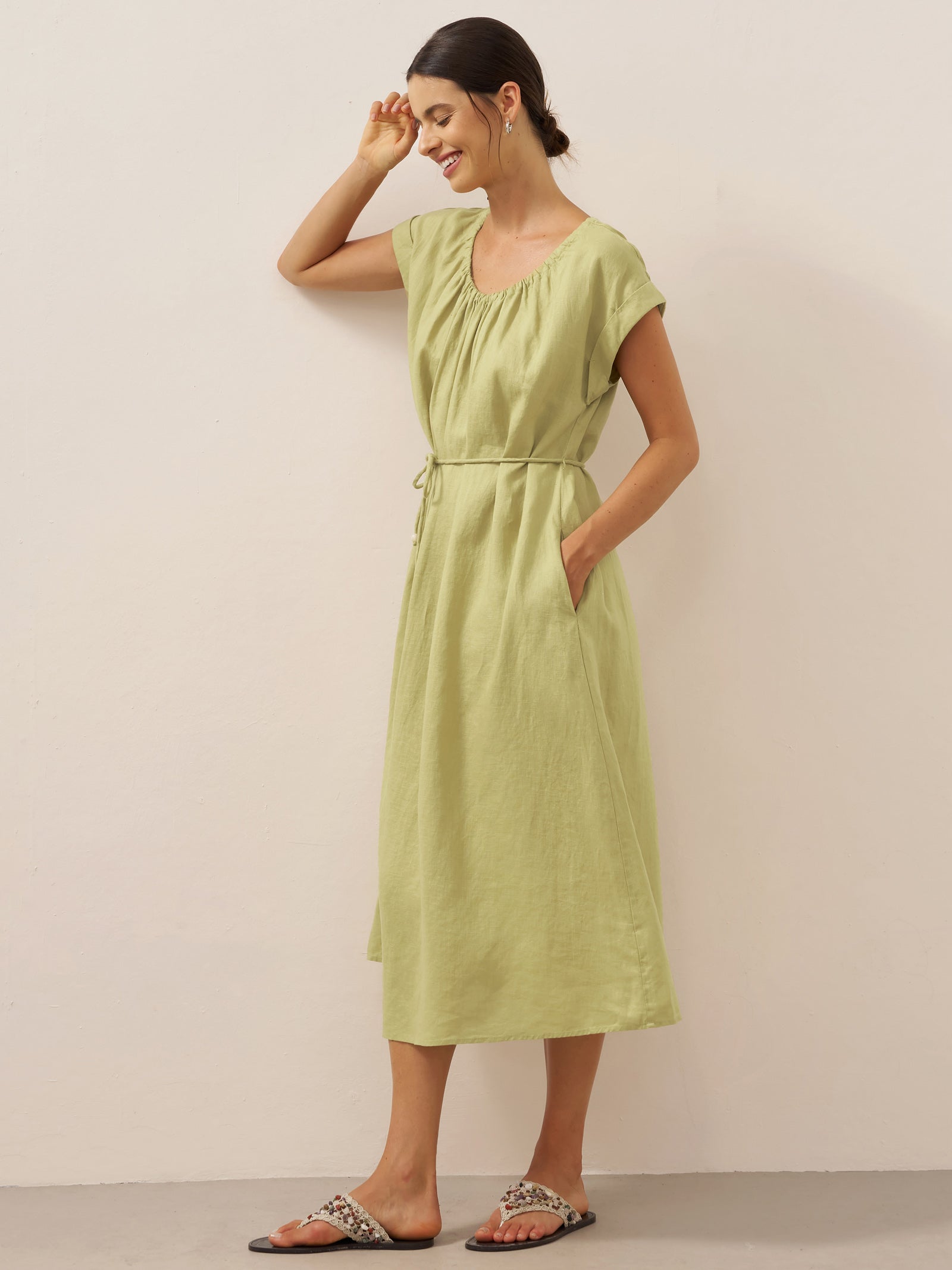 LINTICO 100% Linen Pleated Crew Neck Maxi Dress with Detachable Tie Straps MIRA — detail shot 7