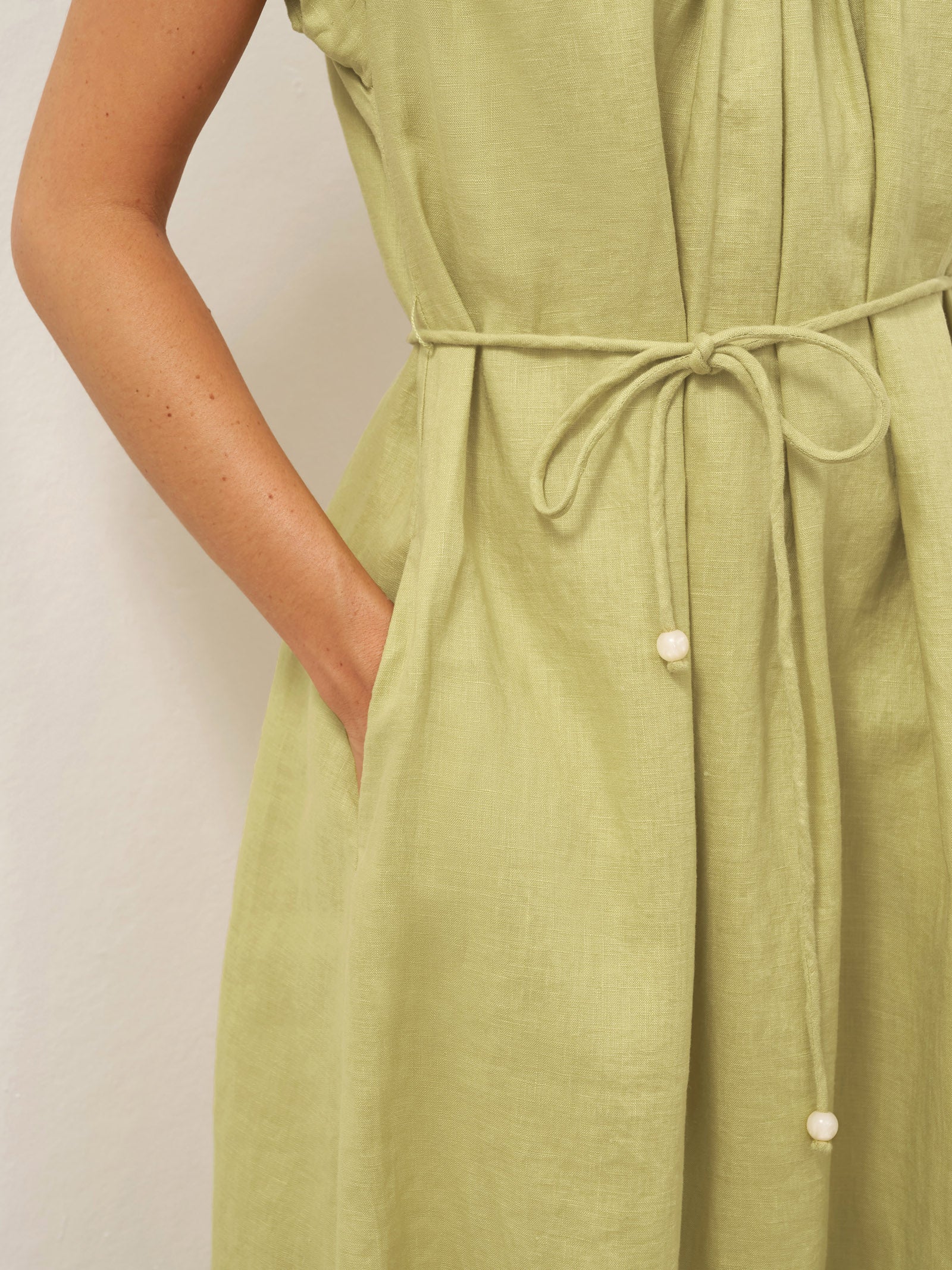 LINTICO 100% Linen Pleated Crew Neck Maxi Dress with Detachable Tie Straps MIRA — dresses-maxi dresses-linen blend category context