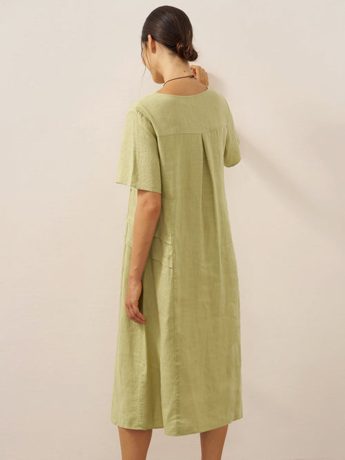 LINTICO LINTICO 100% Linen Pleated Crew Neck Midi Dress MILA — construction detail
