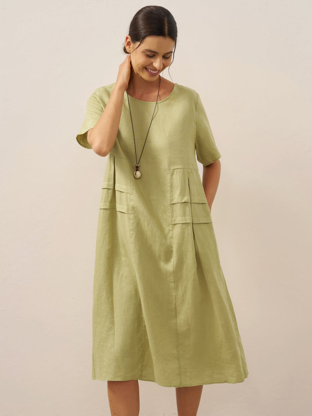 LINTICO LINTICO 100% Linen Pleated Crew Neck Midi Dress MILA — dresses-midi dresses-linen category context