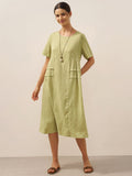 LINTICO LINTICO 100% Linen Pleated Crew Neck Midi Dress MILA — main product shot