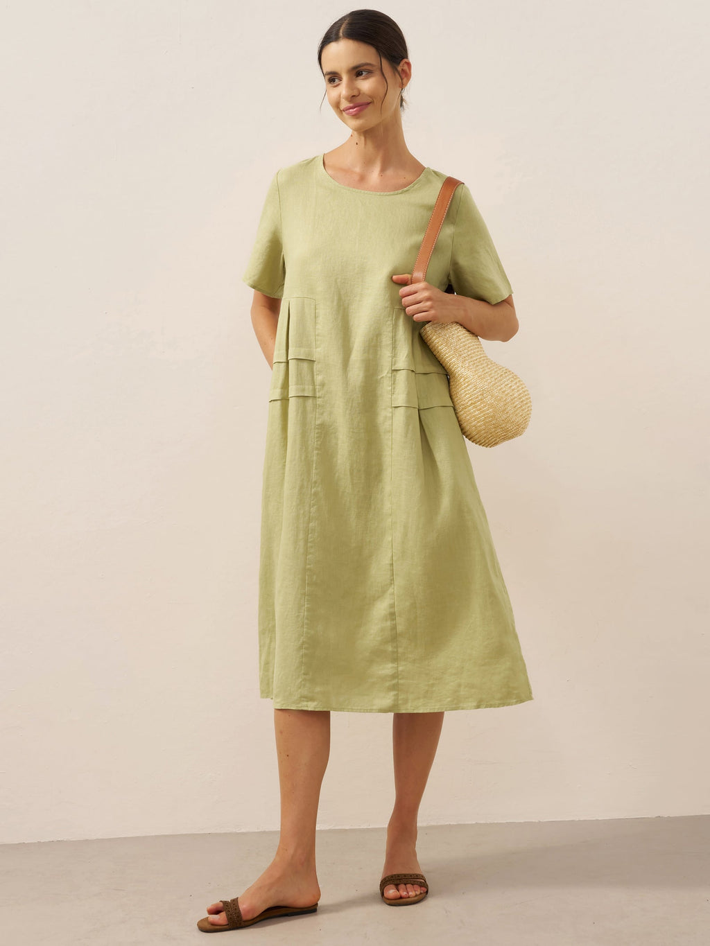 LINTICO LINTICO 100% Linen Pleated Crew Neck Midi Dress MILA — detail shot 7
