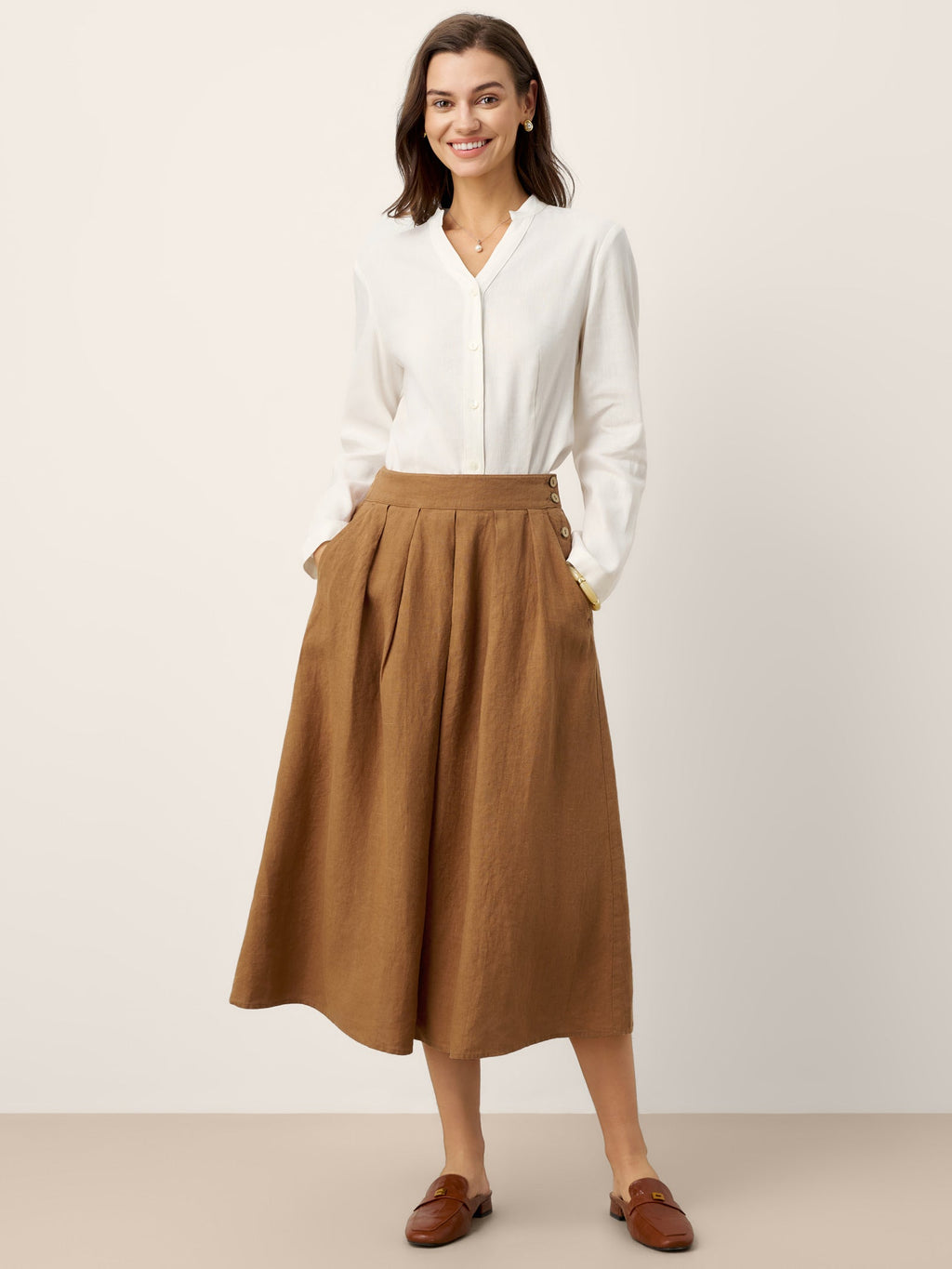 LINTICO 100% Linen Pleated Side Button Skirt LILITH — detail shot 9