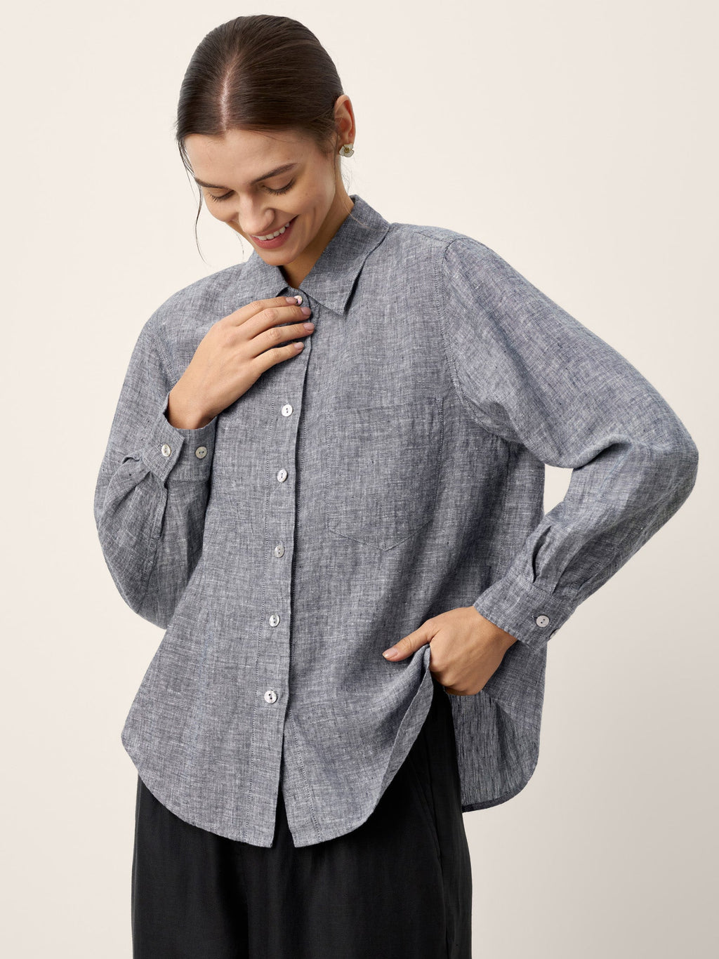 LINTICO 100% Linen Relaxed Drop Shoulder Pocket Shirt ASTER — lifestyle worn / used context