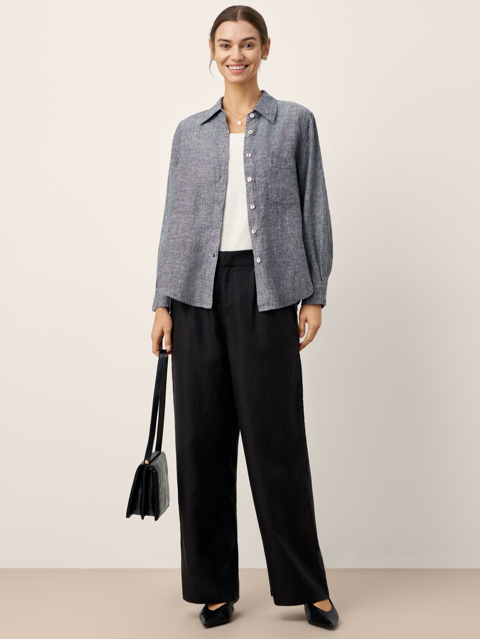 LINTICO 100% Linen Relaxed Drop Shoulder Pocket Shirt ASTER — detail shot 10