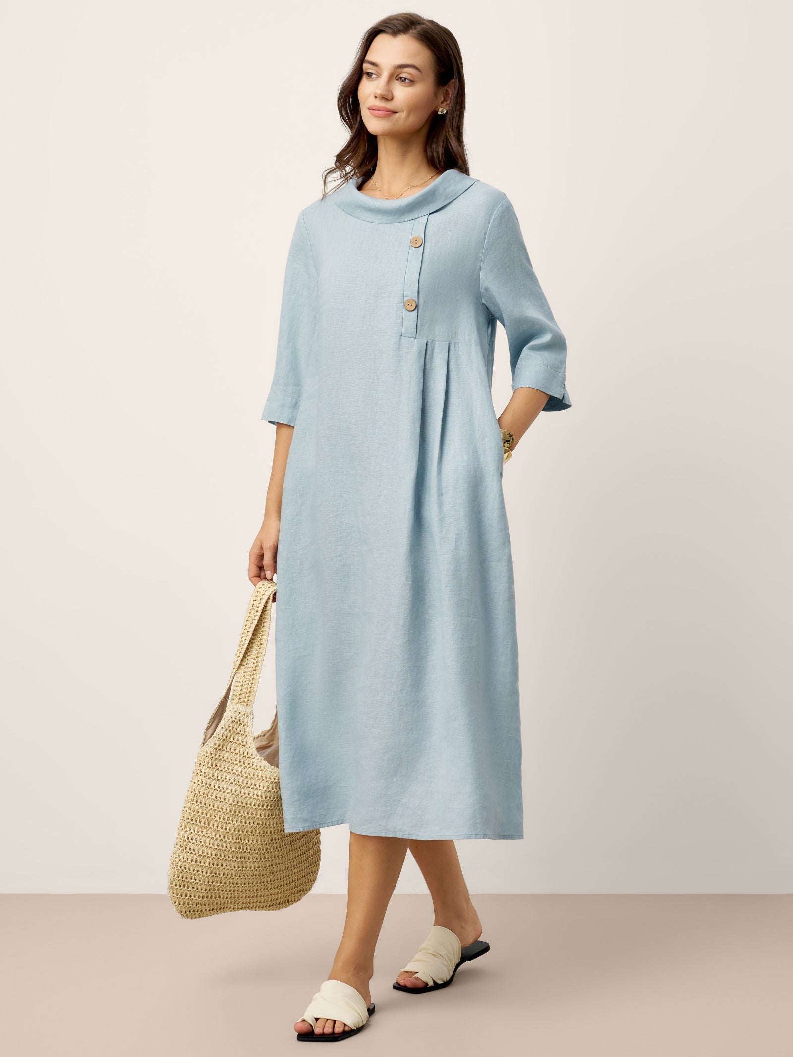 LINTICO 100% Linen Rolled Collar Asymmetric Button Maxi Dress ELARAINE — lifestyle worn / used context