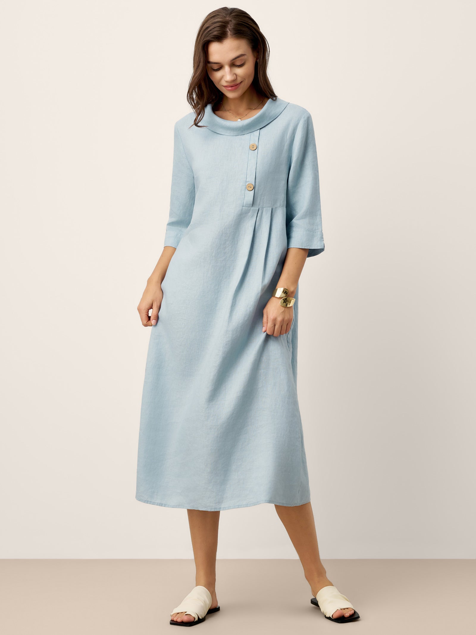 LINTICO 100% Linen Rolled Collar Asymmetric Button Maxi Dress ELARAINE — main product shot