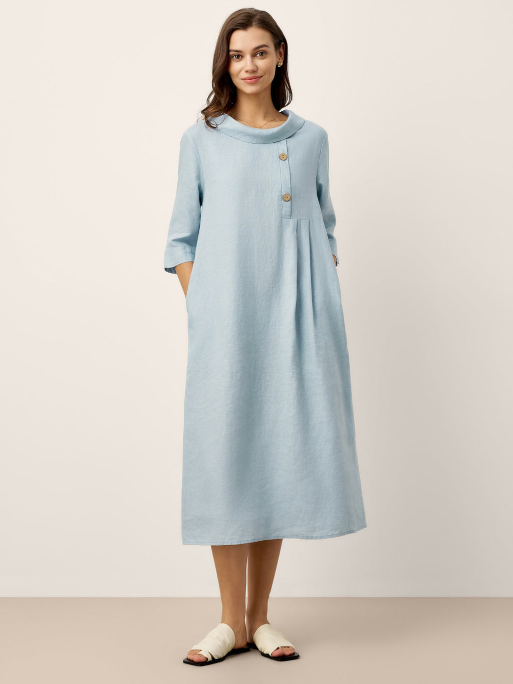 LINTICO 100% Linen Rolled Collar Asymmetric Button Maxi Dress ELARAINE — dresses-maxi dresses-linen category context