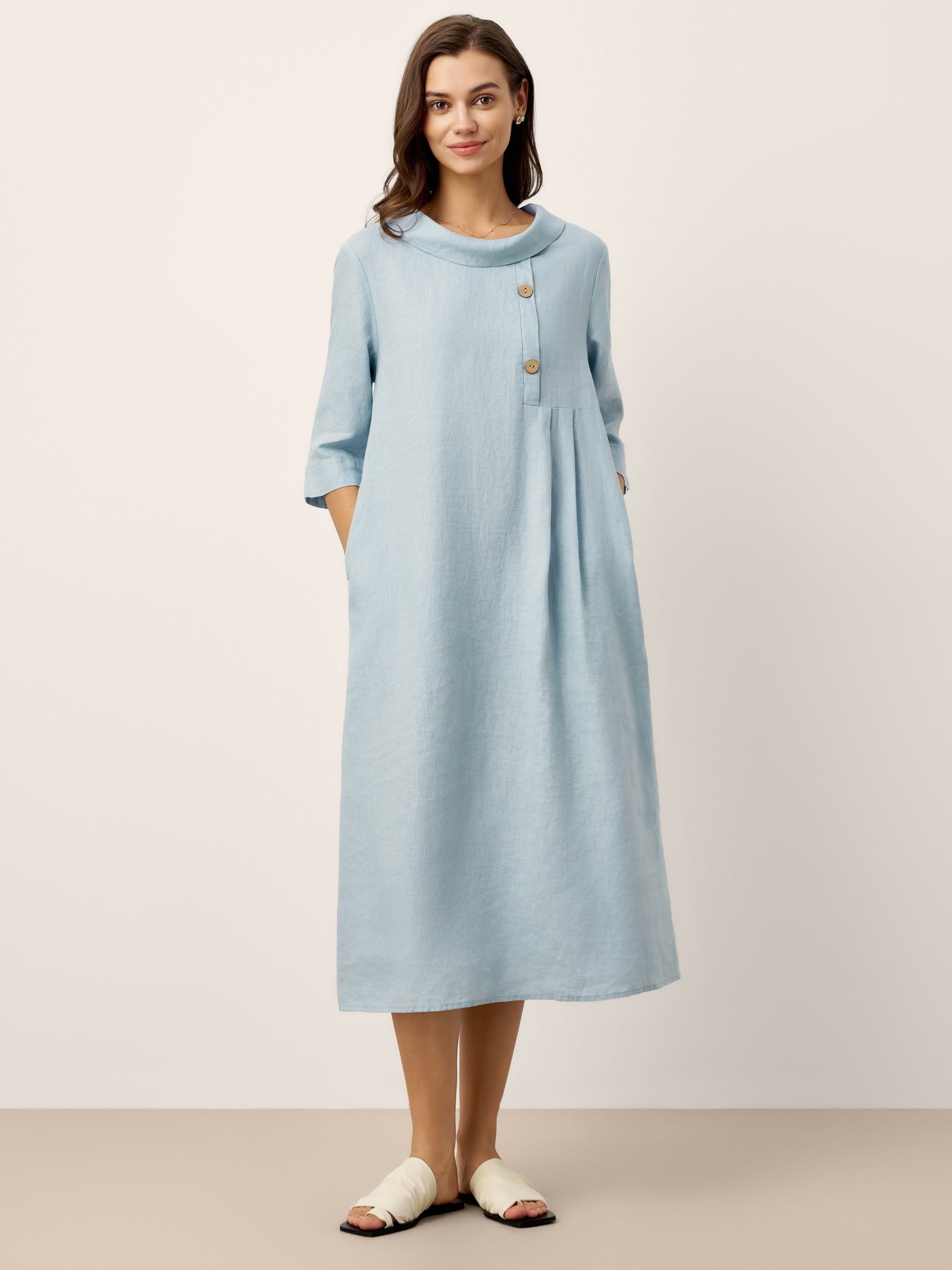 LINTICO 100% Linen Rolled Collar Asymmetric Button Maxi Dress ELARAINE — dresses-maxi dresses-linen category context