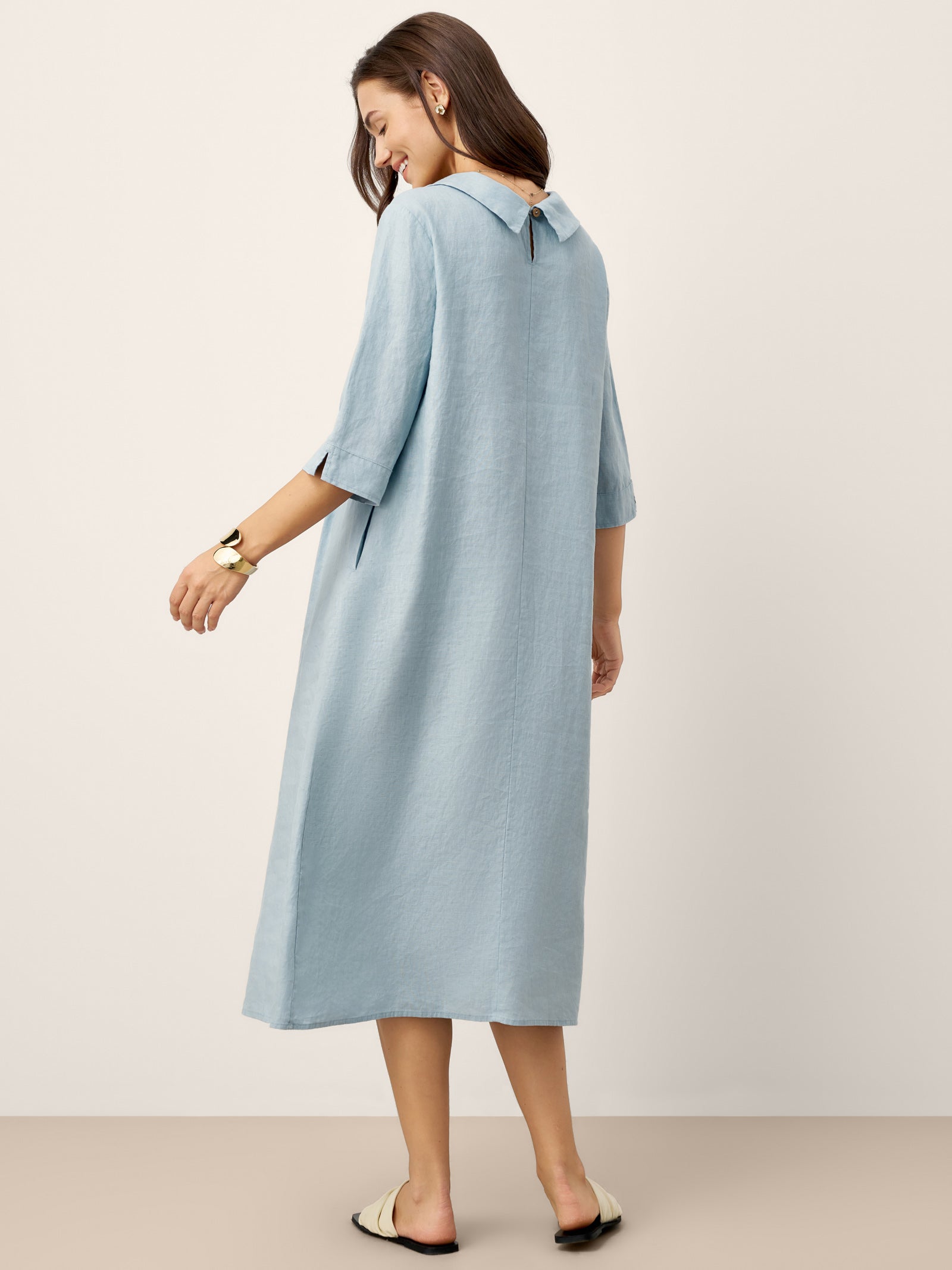 LINTICO 100% Linen Rolled Collar Asymmetric Button Maxi Dress ELARAINE — LINTICO branding close-up
