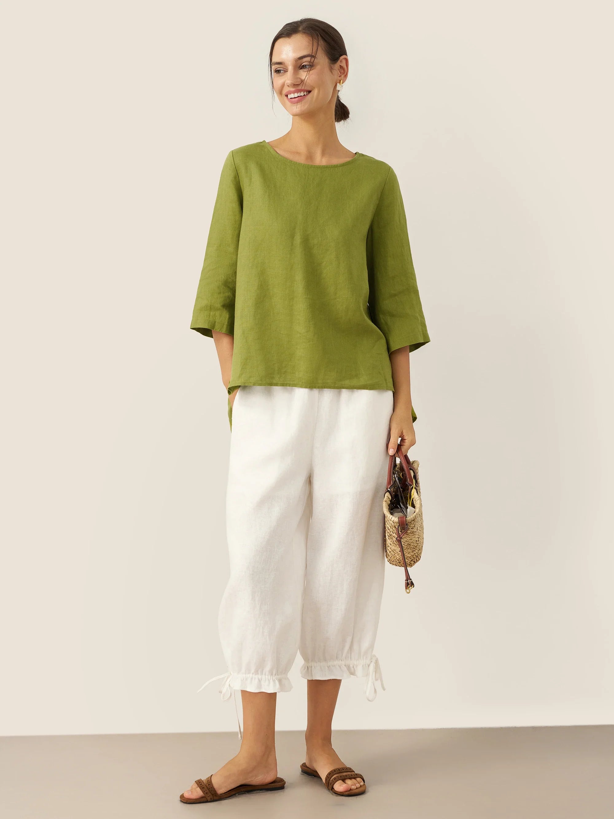 LINTICO 100% Linen Elastic Waist Ruffled Cuff Pants RUBY — lifestyle worn / used context
