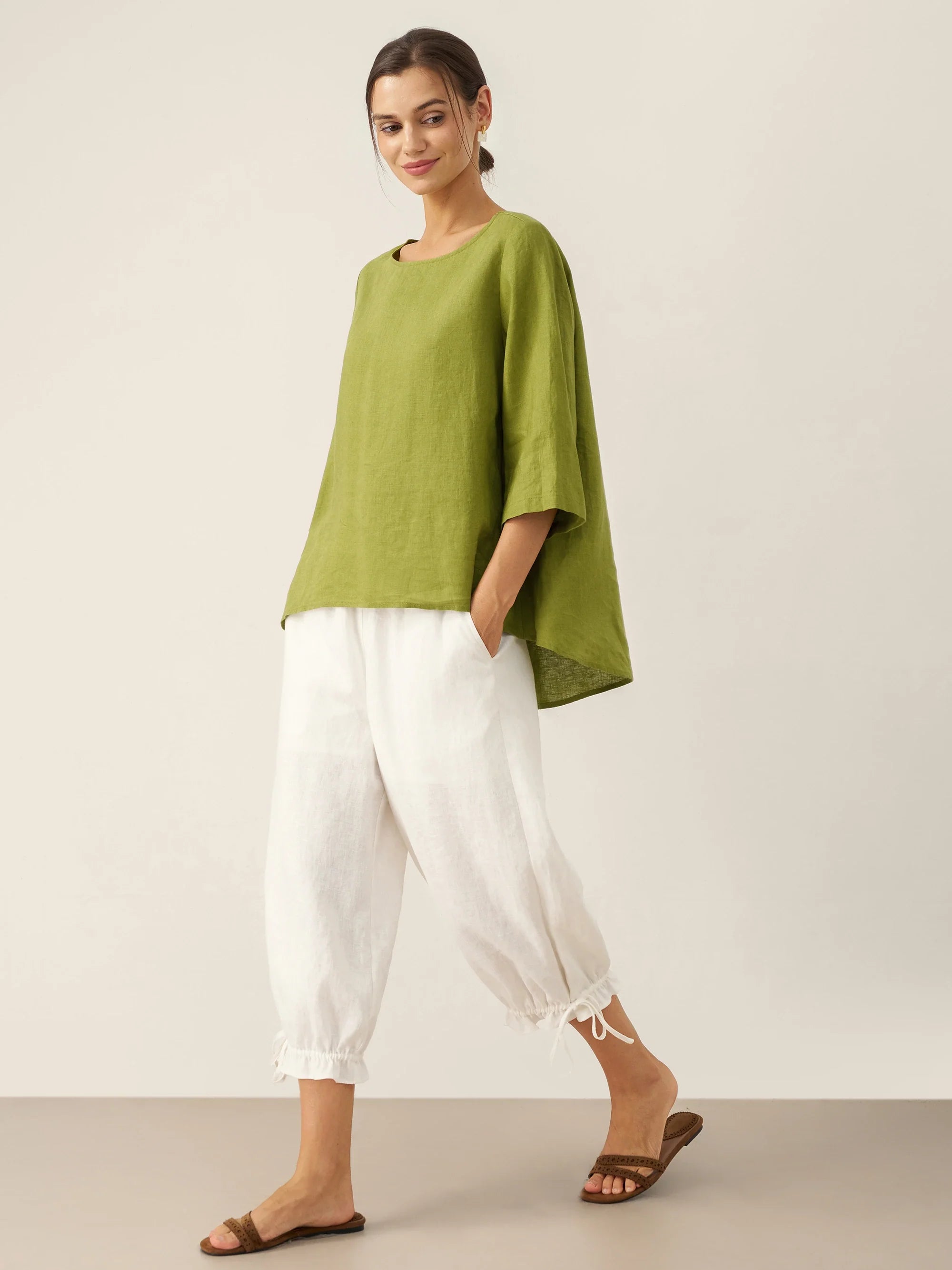 LINTICO 100% Linen Elastic Waist Ruffled Cuff Pants RUBY — detail shot 6