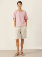 LINTICO 100% Linen Elastic Drawstring Waist Capri Pants XIMENA — lifestyle worn / used context