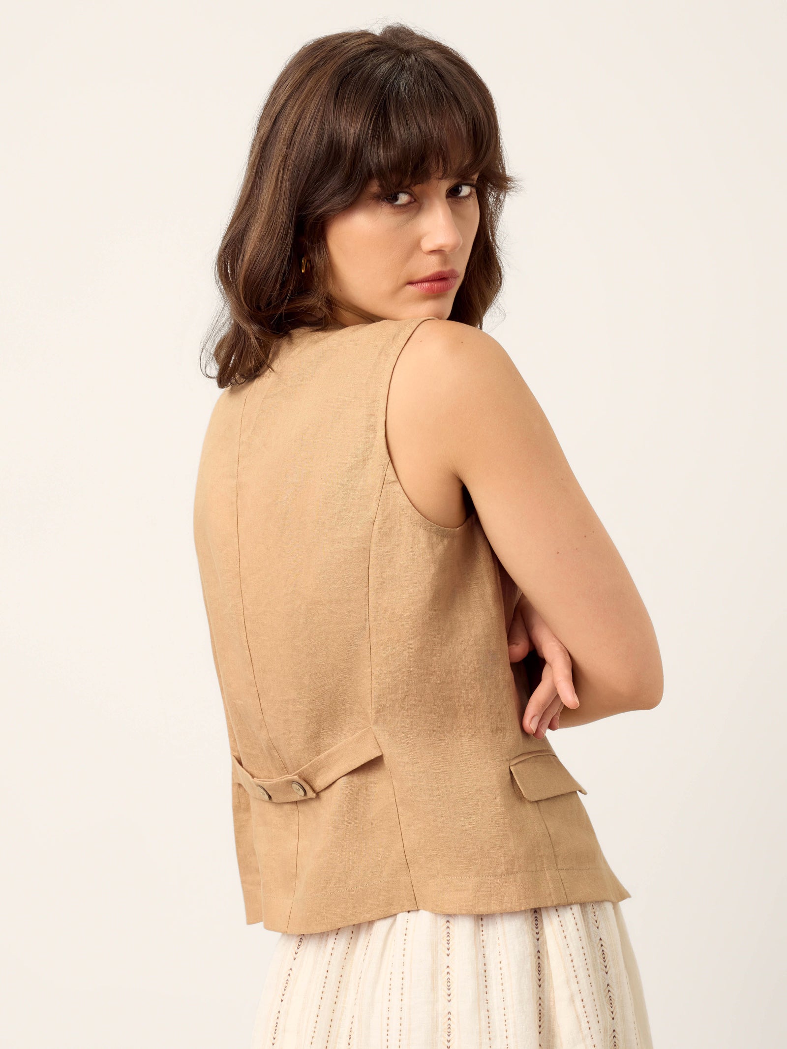 LINTICO 100% Linen Cinch-Back Sleeveless Tailored Vest BRONWYN — tops-vests-linen category context