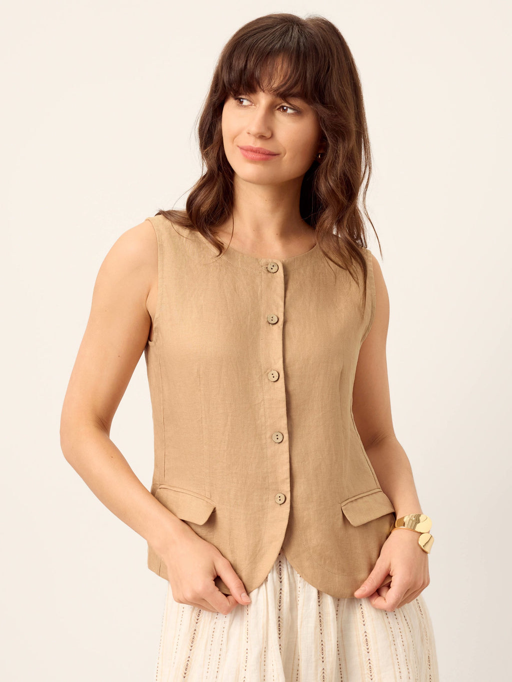 LINTICO 100% Linen Cinch-Back Sleeveless Tailored Vest BRONWYN — LINTICO branding close-up