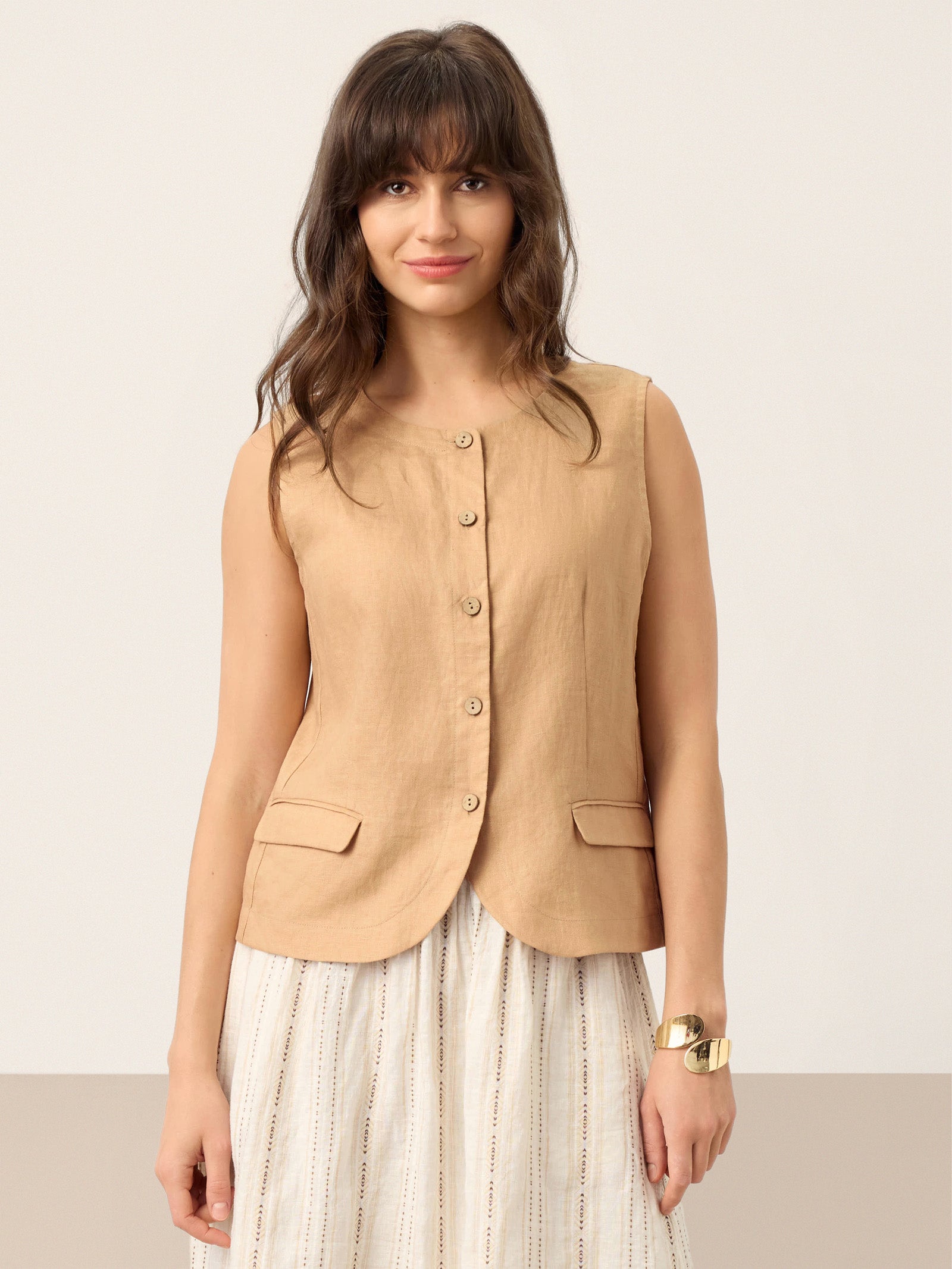 LINTICO 100% Linen Cinch-Back Sleeveless Tailored Vest BRONWYN — main product shot