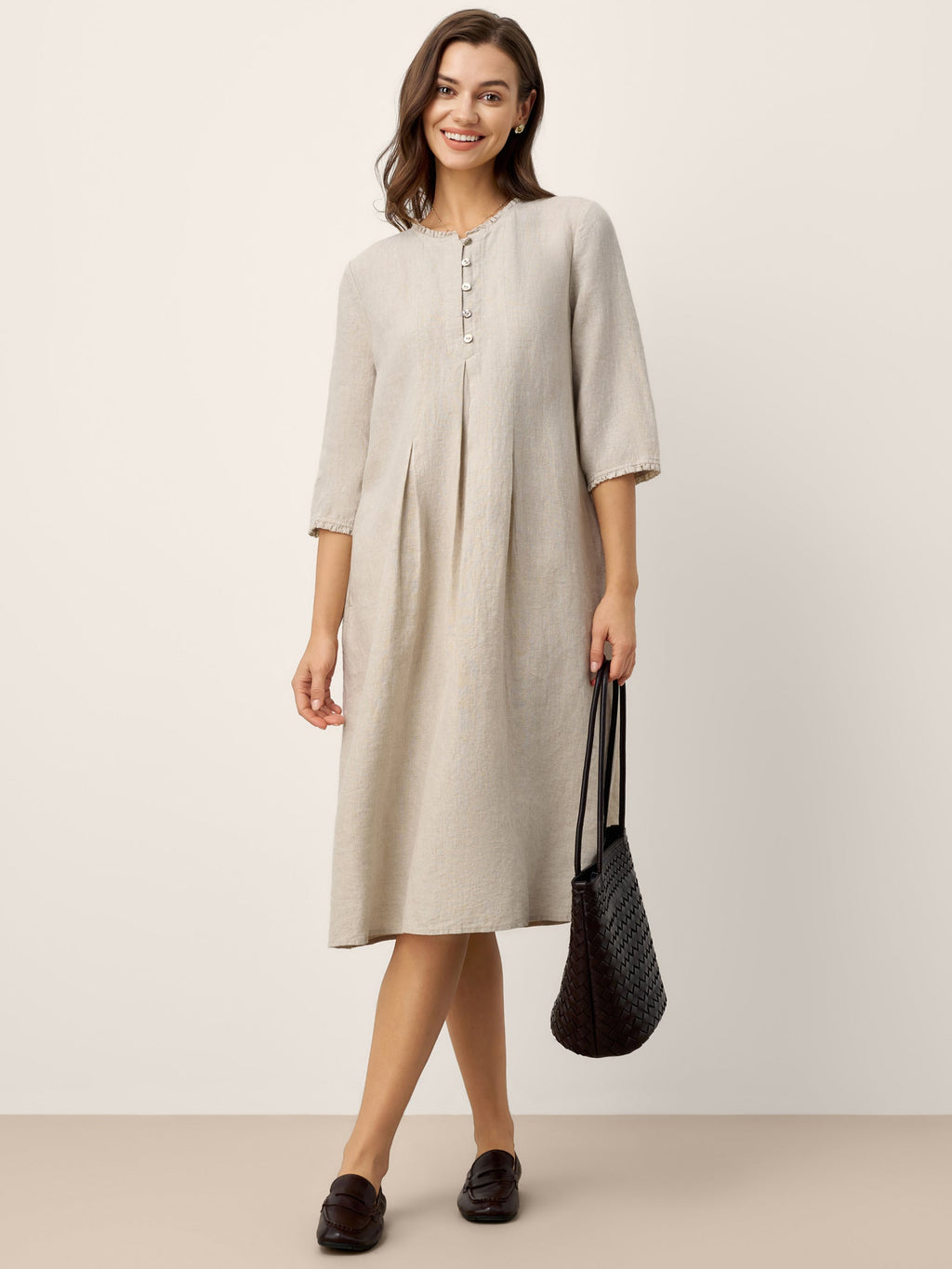 LINTICO 100% Linen Ruffle Trim Inverted Pleat Midi Dress LAVINIA — lifestyle worn / used context