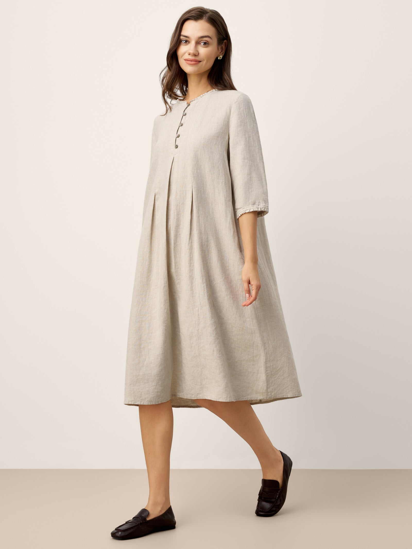 LINTICO 100% Linen Ruffle Trim Inverted Pleat Midi Dress LAVINIA — dresses-midi dresses-linen category context