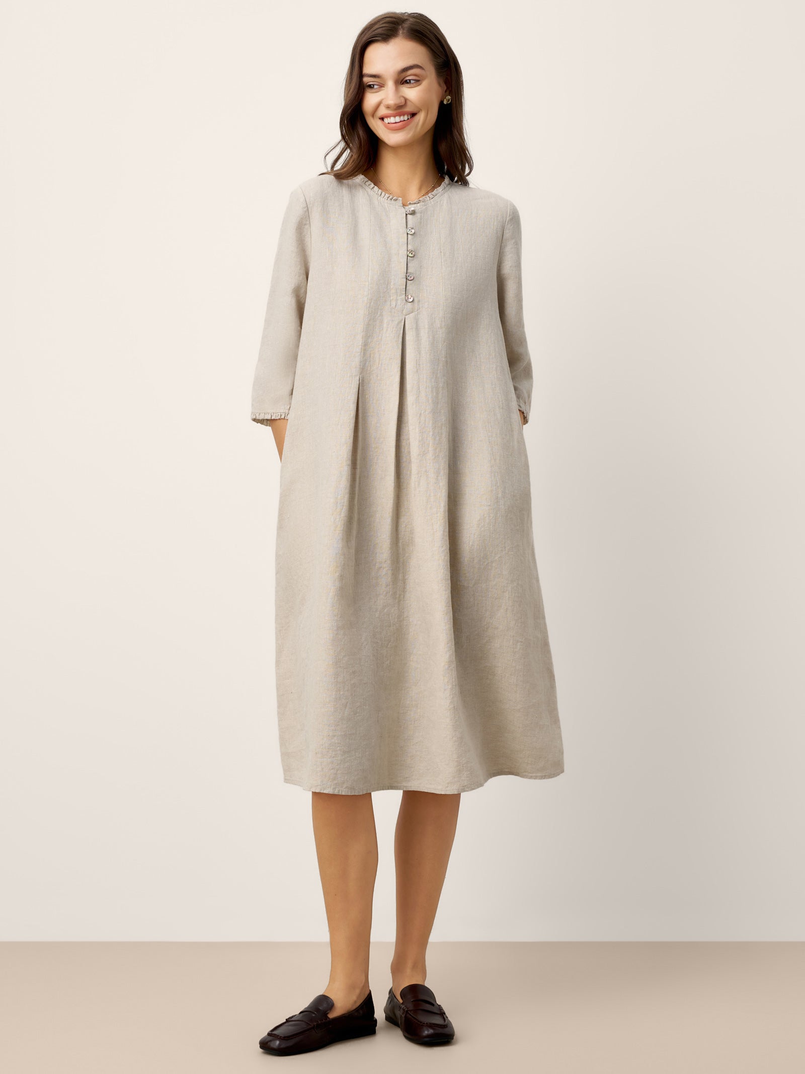 LINTICO 100% Linen Ruffle Trim Inverted Pleat Midi Dress LAVINIA — main product shot
