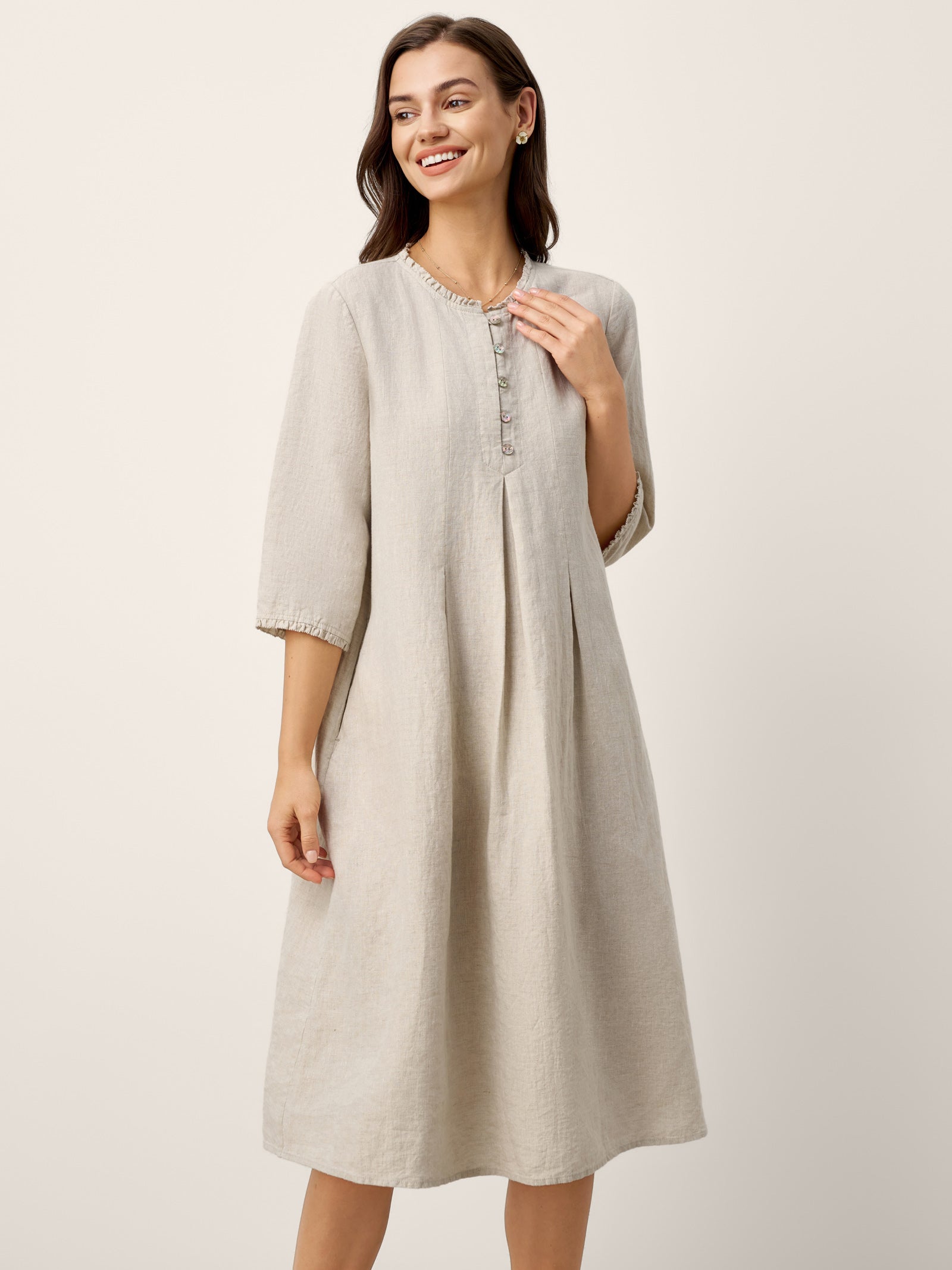 LINTICO 100% Linen Ruffle Trim Inverted Pleat Midi Dress LAVINIA — detail shot 6
